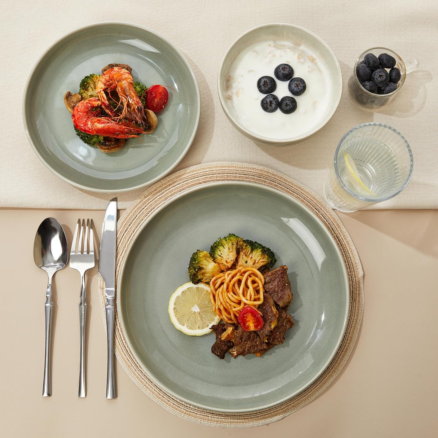 Pokini Plates and Bowls Sets for 8, 24 Piece Dinnerware Set for Large Families & Entertaining, Elegant Design, Dishwasher & Microwave Safe, Chip Resistant and Durable, Gray Green