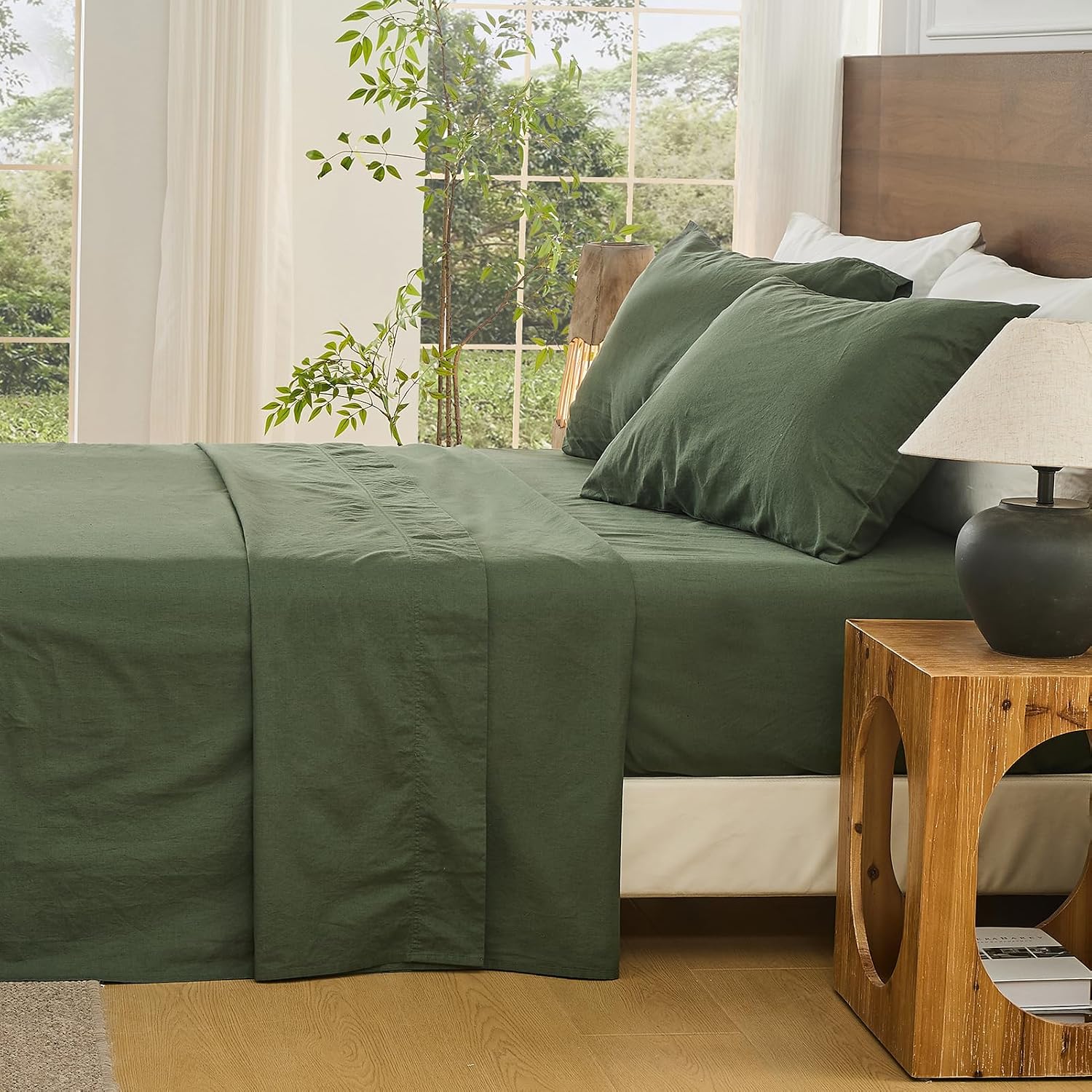 Bedlifes 100% French Linen Sheets Queen Size 18-24'Extra Deep Pocket 4-Piece Set Breathable & Moisture-Wicking,Soft & Durable Sheets for Thick Mattresses(Forest Green)