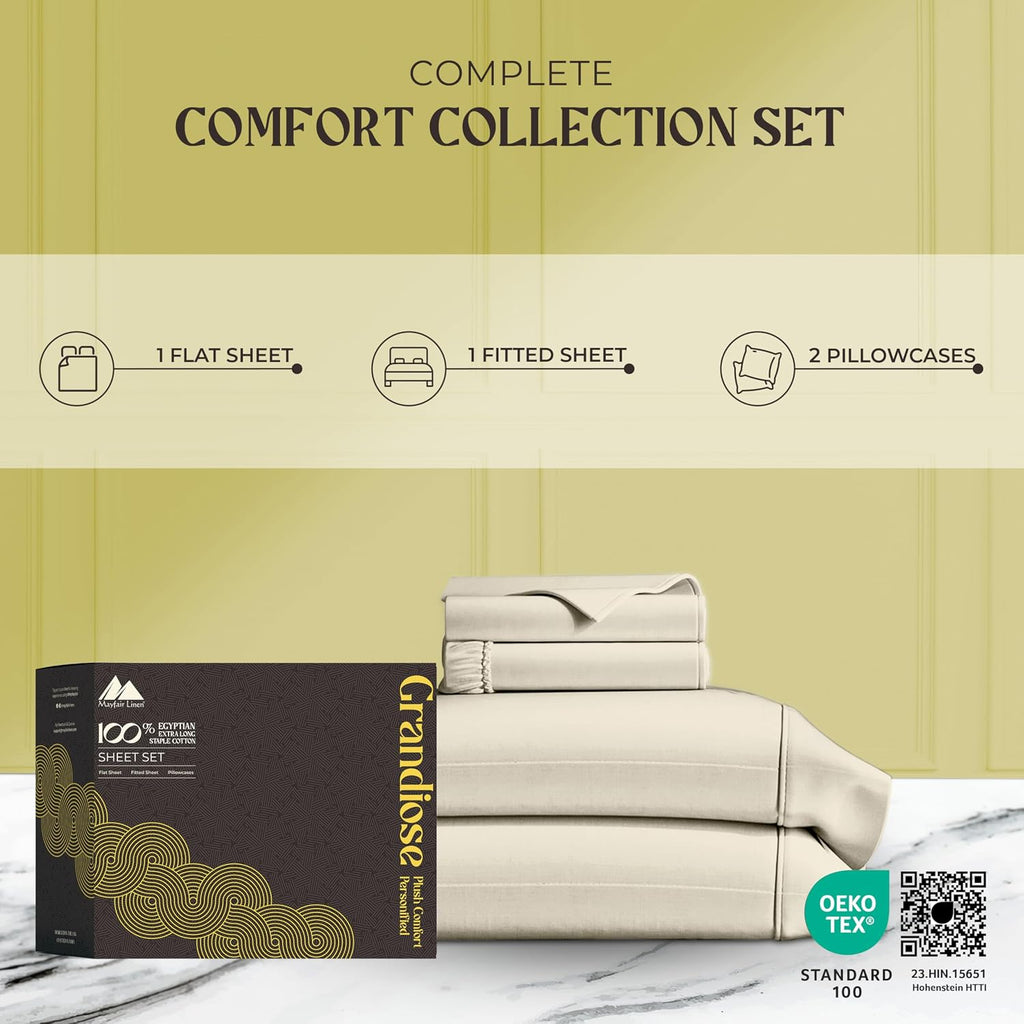 Mayfair Linen 100% Pure Egyptian Cotton Sheet King Size - Luxury 1000 Series Grandiose Collection King Size Sheets Set (4 PC, Ivory), 16' Deep Pocket Sateen Weave Soft Cooling Hotel Bed Sheets Set