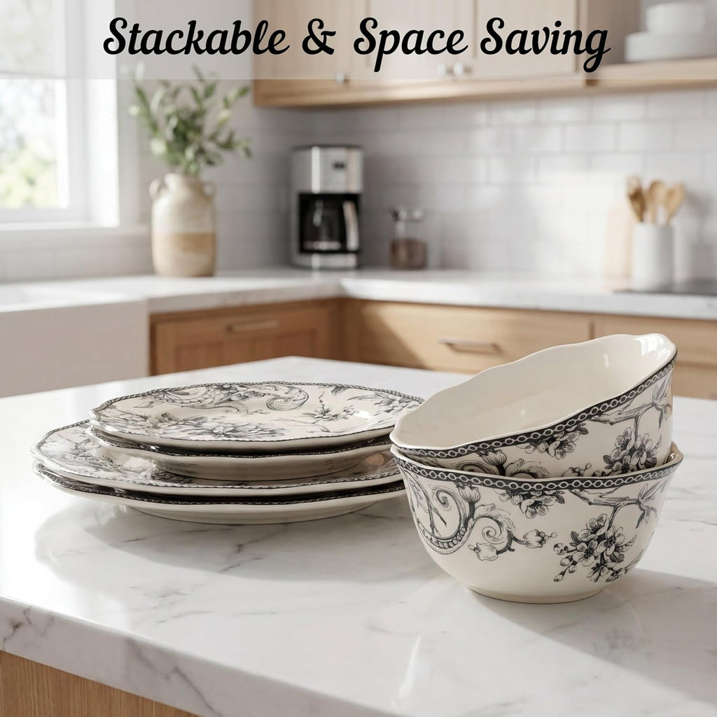 222 Fifth Adelaide 16-Piece Casual Grey Porcelain Dinnerware Set – Service for 4, Classic Toile Bird & Floral Design, Microwave & Dishwasher Safe, for Everyday Dining & Entertainment