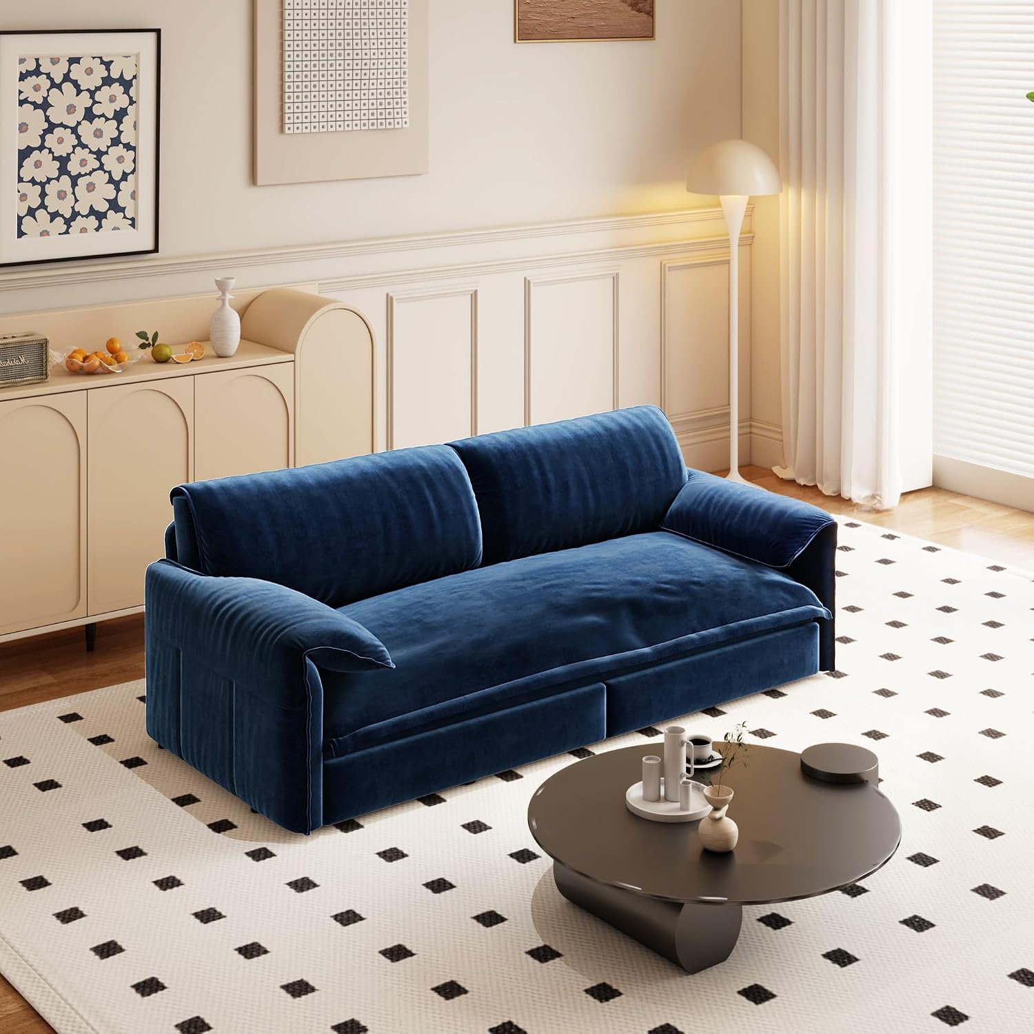 WILLIAMSPACE 66' Queen Pull Out Sofa Bed, 3-in-1 Velvet Convertible Sleeper Sofa Couch with Side Storage, Multi-Functional Loveseat Bed Pull Out Couch for Living Room, Apartment (Blue)