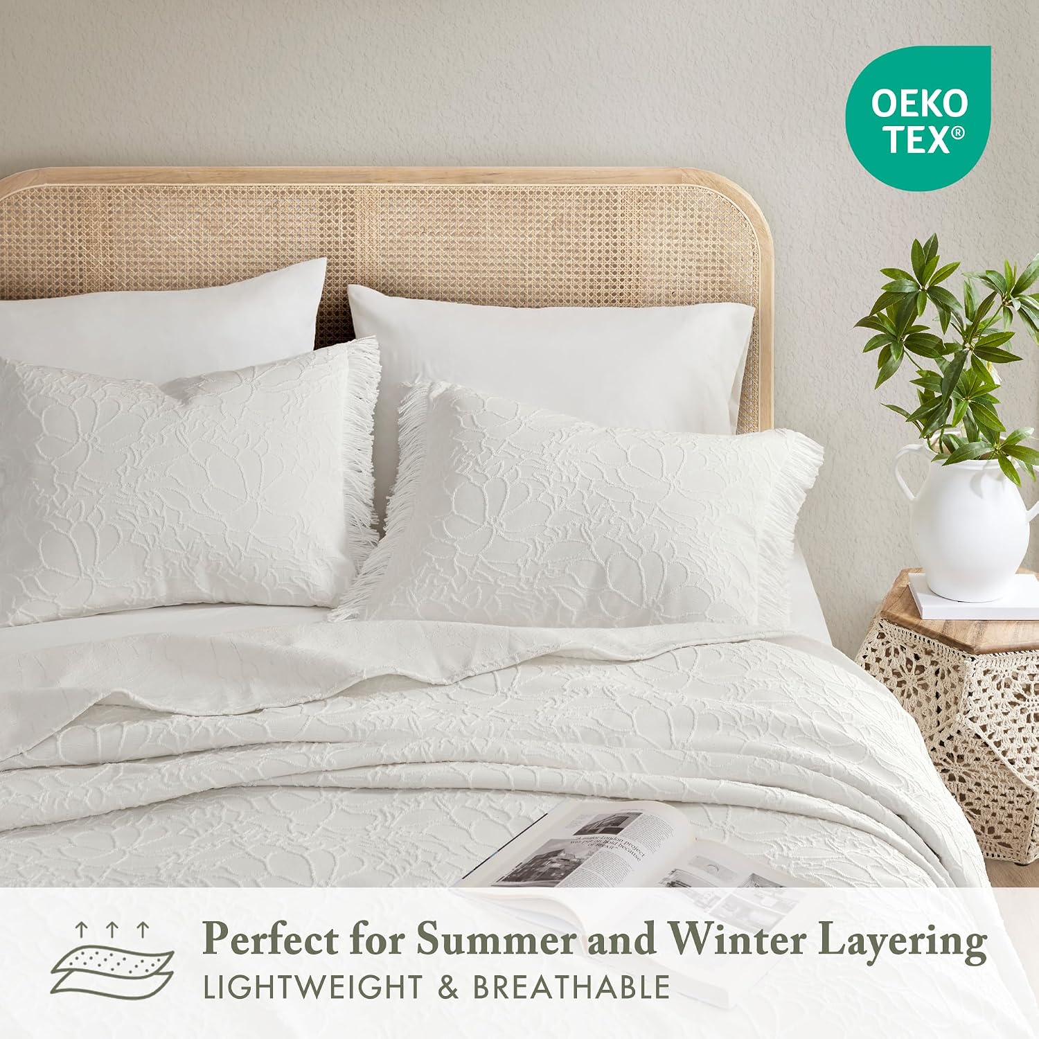 Madison Park King Bedspread Oversized Chenille Floral Bespread with Fringes, King Bedding Set Cozy Quilt, All Season Lightweight Soft King Size Bedspread, Willow, King White 3 Piece