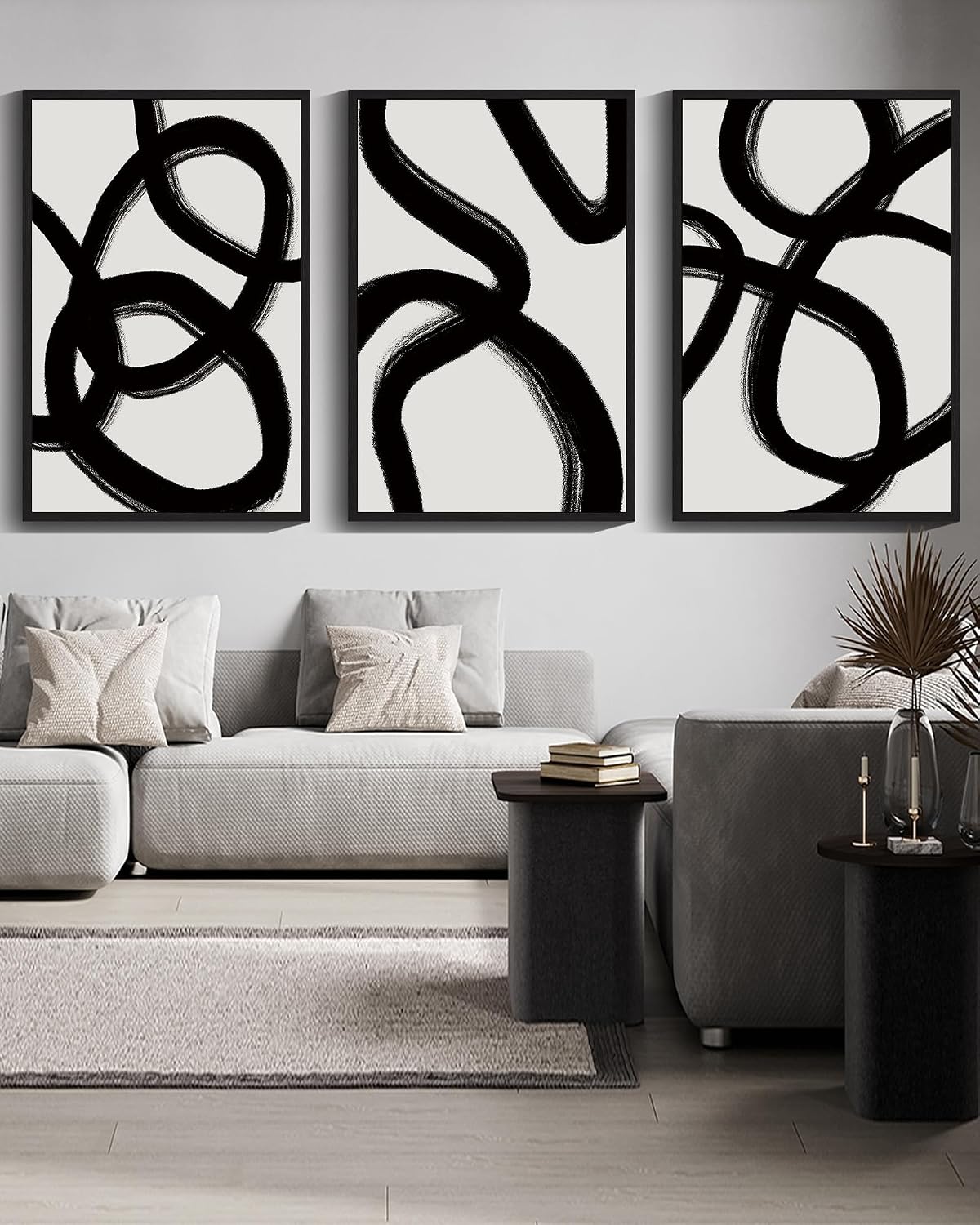 Drsoum Large 24x36in Black and Gray Abstract Framed Wall Art Decor Duotone Minimal Dark Brush Stroke Prints Shapes Illustrations Modern Art Decorative Ready To Hang - Black Framed