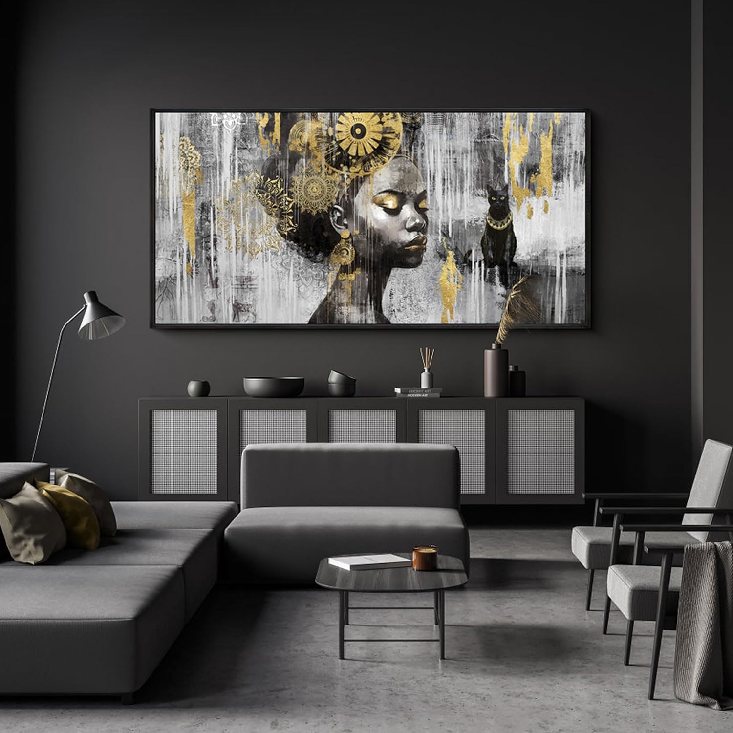 KLAKLA Large Black Wall Art - African American Black Girl Wall Art Colorful Black African Woman Black and Gold Canvas Picture Framed Wall Decor for Living Room Bedroom Home Decoration