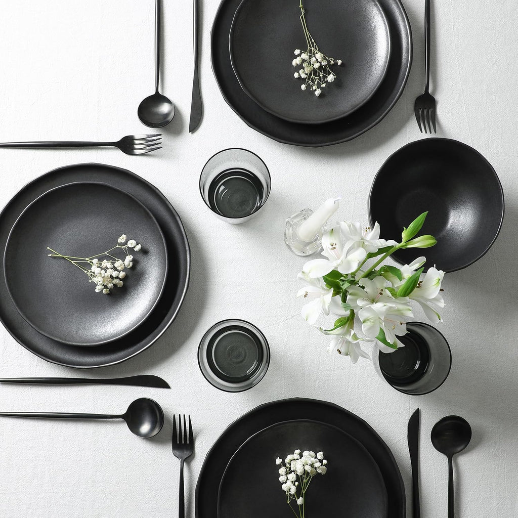 Stone Lain Rio Stoneware 32 Piece Dinnerware Set, Plates and Bowls Sets, Black Dish Set for 8 with Fluted Colored Glass Cups, Microwave & Dishwasher Safe