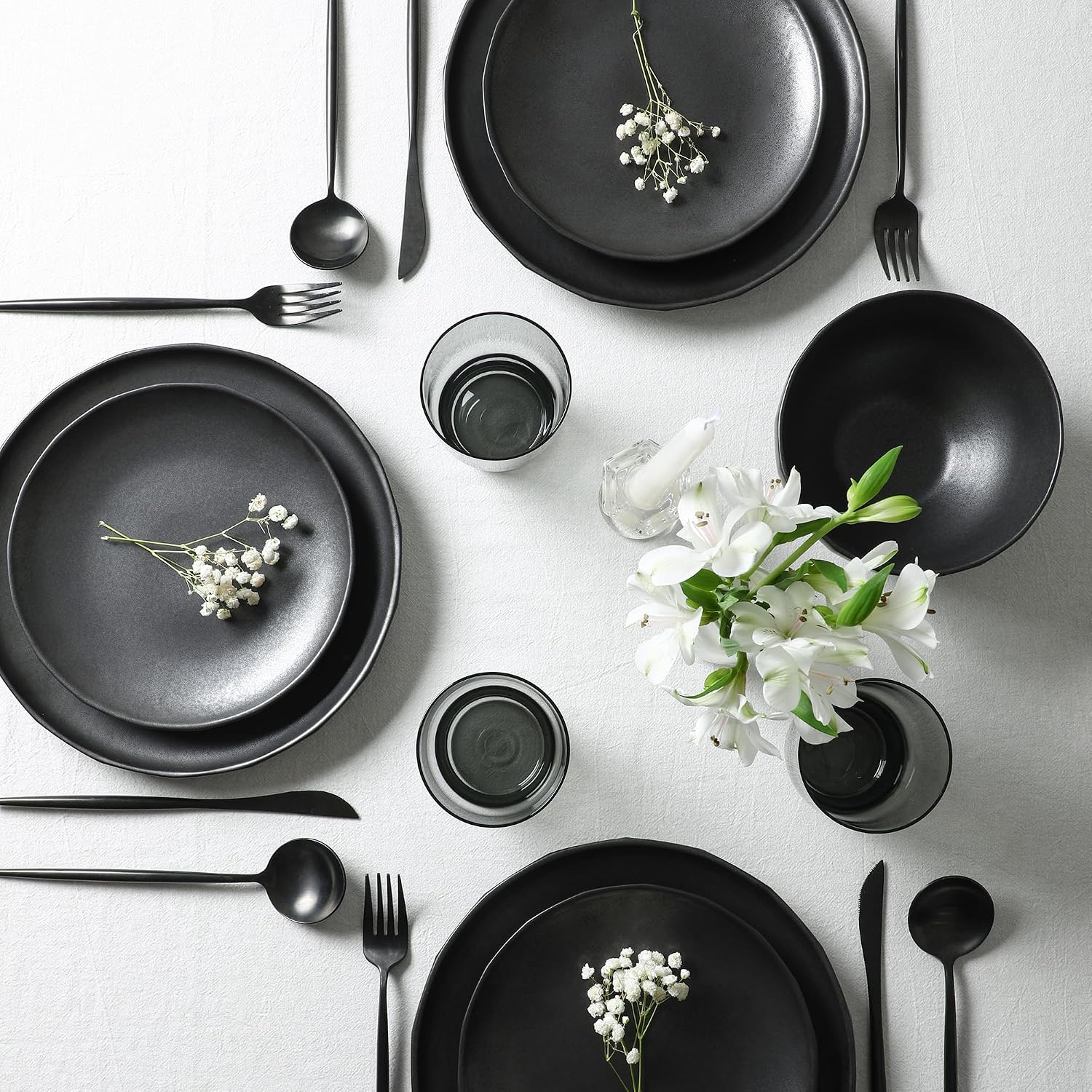 Stone Lain Rio Stoneware 32 Piece Dinnerware Set, Plates and Bowls Sets, Black Dish Set for 8 with Fluted Colored Glass Cups, Microwave & Dishwasher Safe