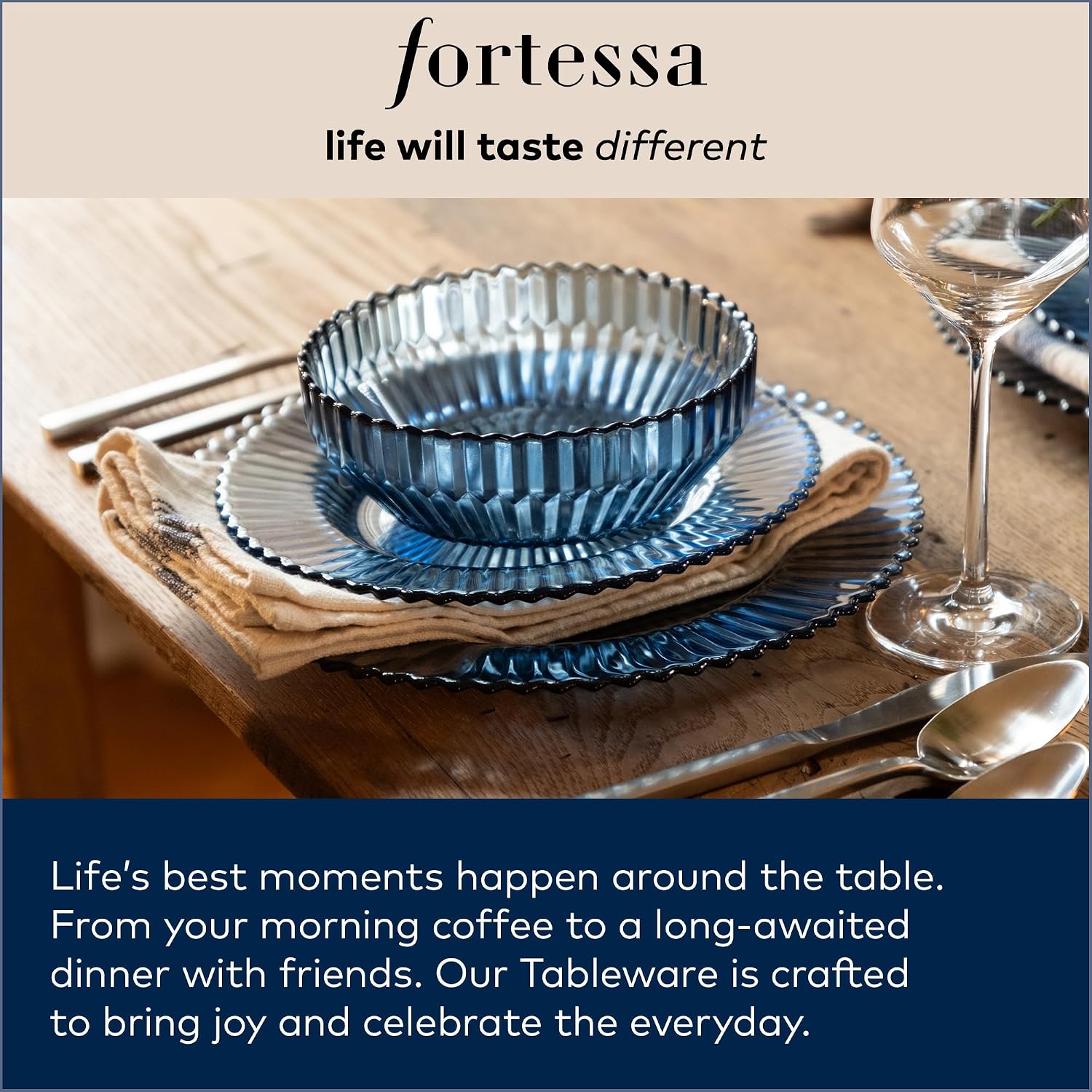 FORTESSA Los Cabos Tableware, 16-Piece Glass Dinnerware Set with 4 Dinner Plates, 4 Salad Plates, 4 Coupe Bowls and 4 Cereal Bowls, Dishwasher-Safe Glass Plate Set, Cobalt Blue