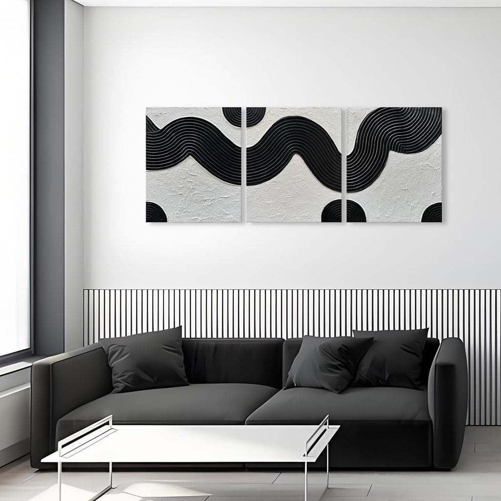 NANKAI Art Hand-Painted Abstract Oil Painting in Black and White Texture Modern Minimalist Art 24x20 Inches x 3,Home Wall Decoration Oil Painting