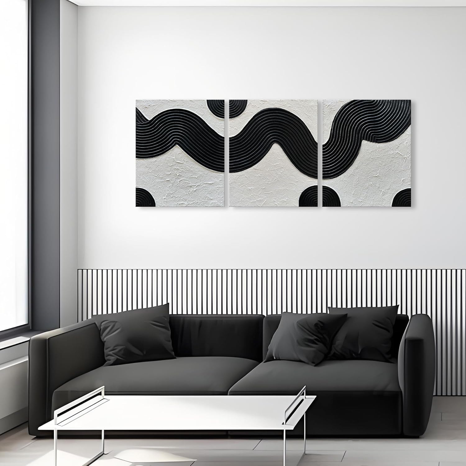 NANKAI Art Hand-Painted Abstract Oil Painting in Black and White Texture Modern Minimalist Art 24x20 Inches x 3,Home Wall Decoration Oil Painting