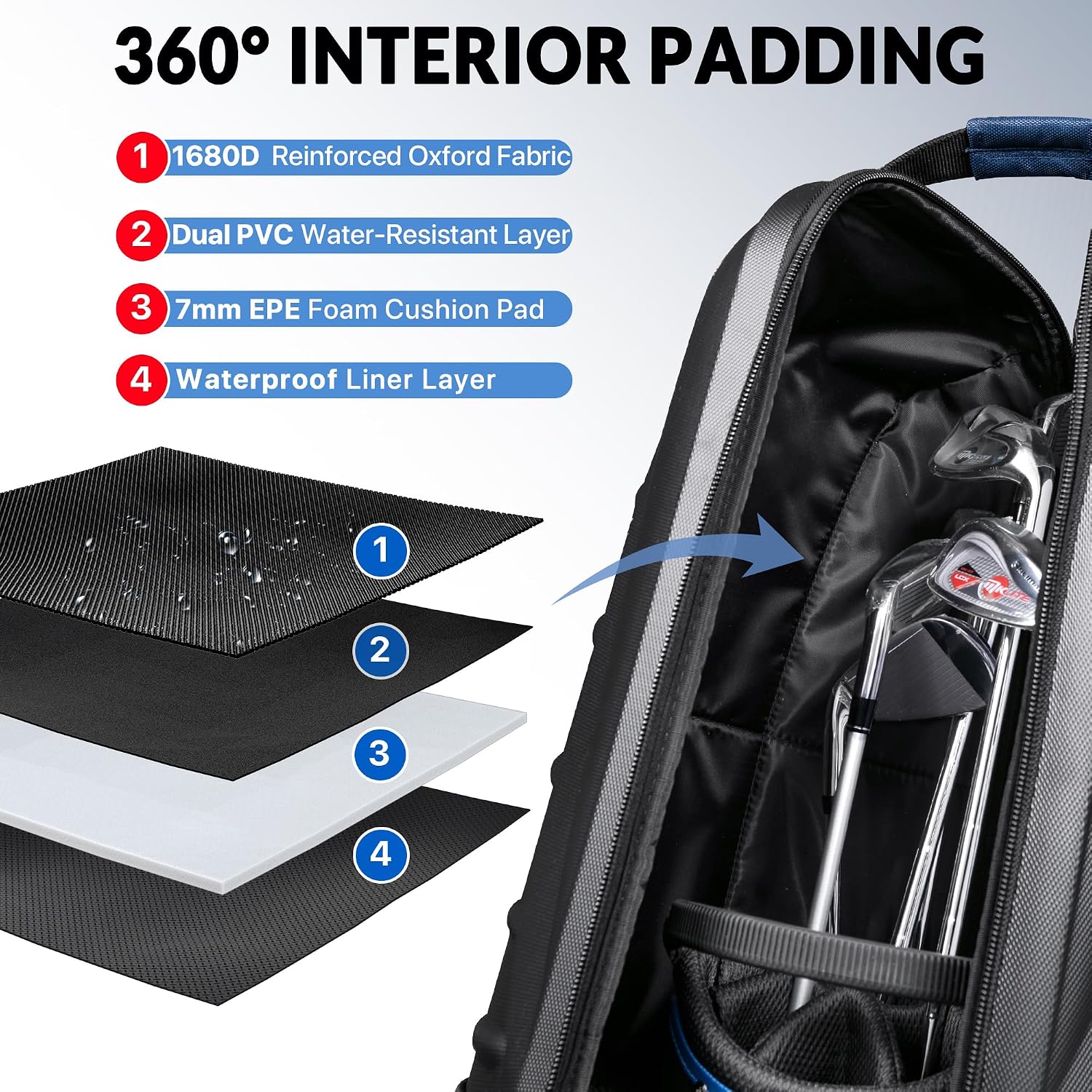 Golf Travel Bag for Airlines, Hard Shell Top Golf Travel Case with Wheels, Heavy Duty 1680D Oxford Fabric, Reinforced Base, Oversized Tank Wheels, Built-in TSA Lock, Water-Resistant Zippers