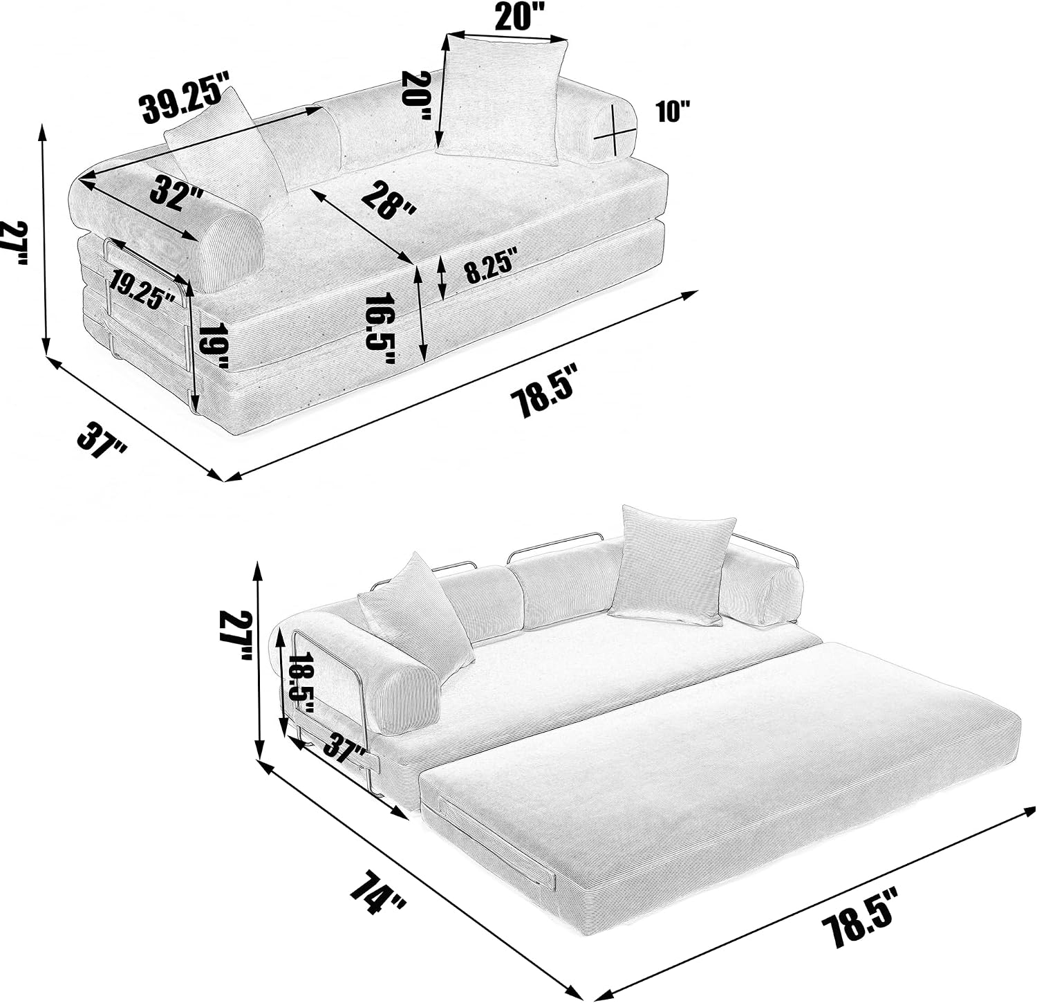 WILLIAMSPACE 78.5' Modern Loveseat Sofa Fold-Out Sofa Bed, Convertible Chair Floor Couch with Removable Backrest, Comfy King Size Sofa Bed for Living Room, Bedroom, Corduroy Fabric (Beige)