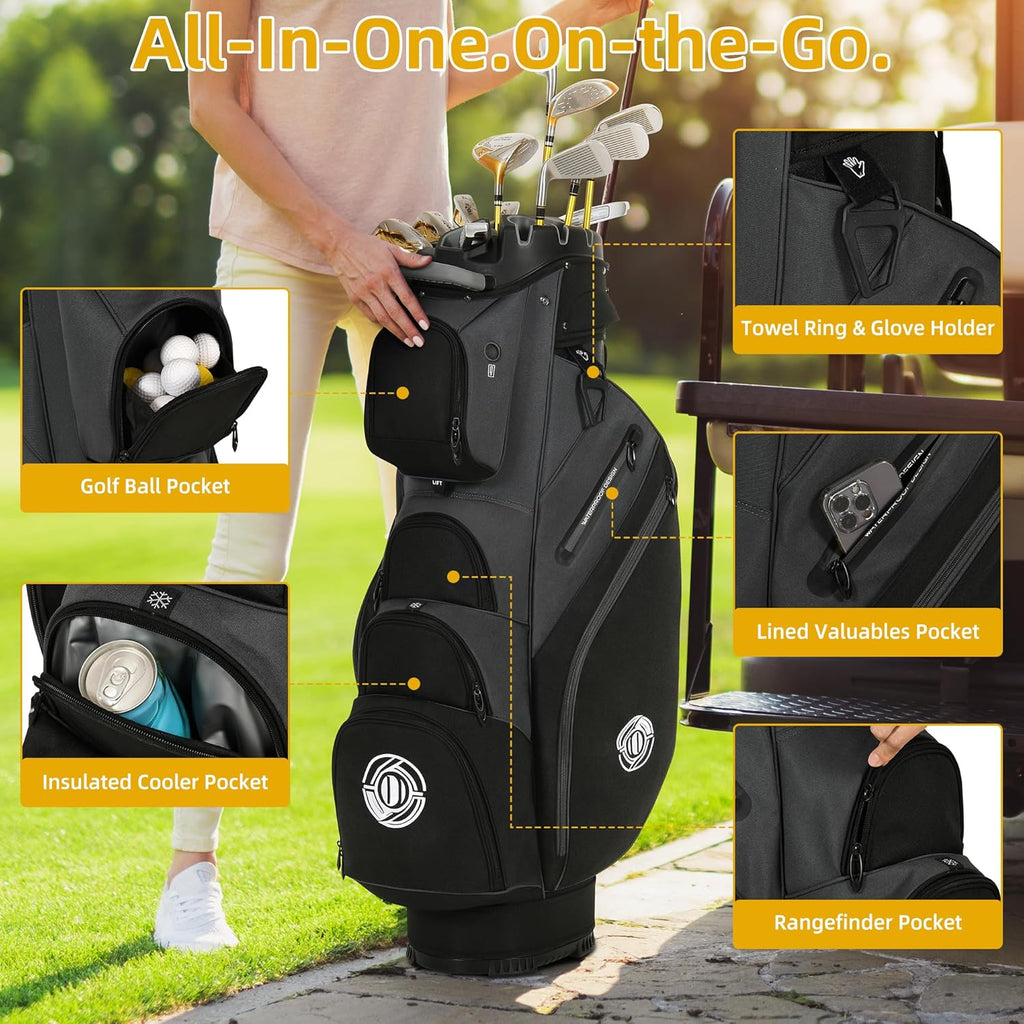 Shopsource Golf Cart Bag, 14 Way Molded Lock Top Club Bag with Full-Length Dividers, Upgrade 900D Oxford Silence Cart Bags for Men with Handles Ergonomic Strap, Stable Base
