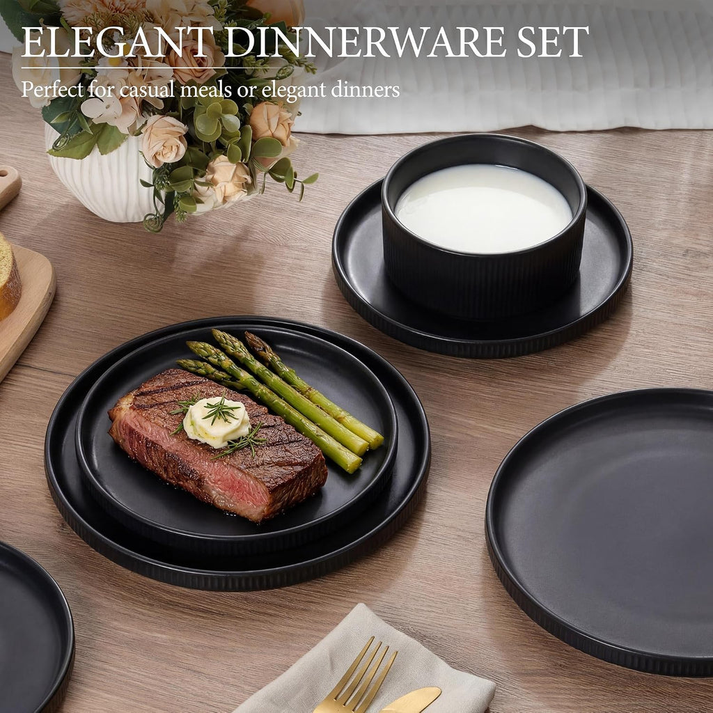 E-far 24-Piece Stoneware Dinnerware Sets, Plates and Bowls Sets for 8, Kitchen Dinning Porcelain Ribbed Dishes Set, Chip & Scratch Resistant, Dishwasher & Microwave Safe, Matte Black