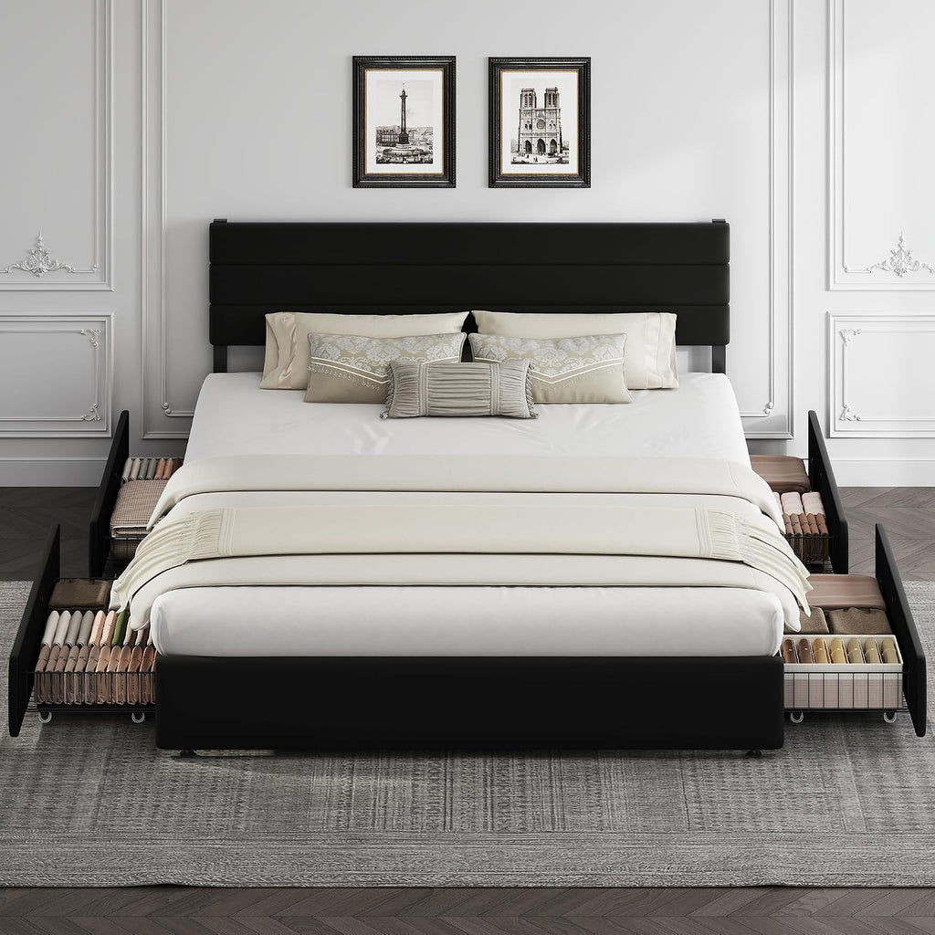 WLIVE King Size Upholstered Bed Frame with 4 Storage Drawers and Headboard, Velvet Platform Bedframe, Sturdy Metal & Wooden Slats Support, No Box Spring Needed, Easy Assembly, Black
