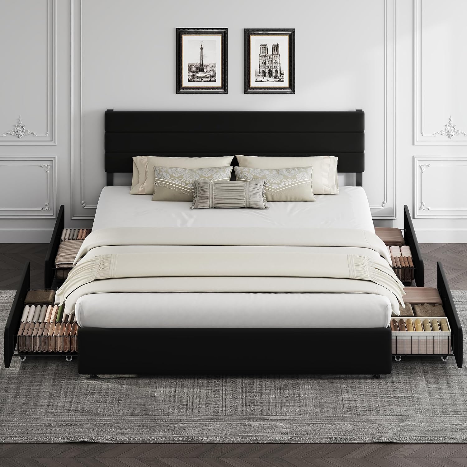 WLIVE King Size Upholstered Bed Frame with 4 Storage Drawers and Headboard, Velvet Platform Bedframe, Sturdy Metal & Wooden Slats Support, No Box Spring Needed, Easy Assembly, Black