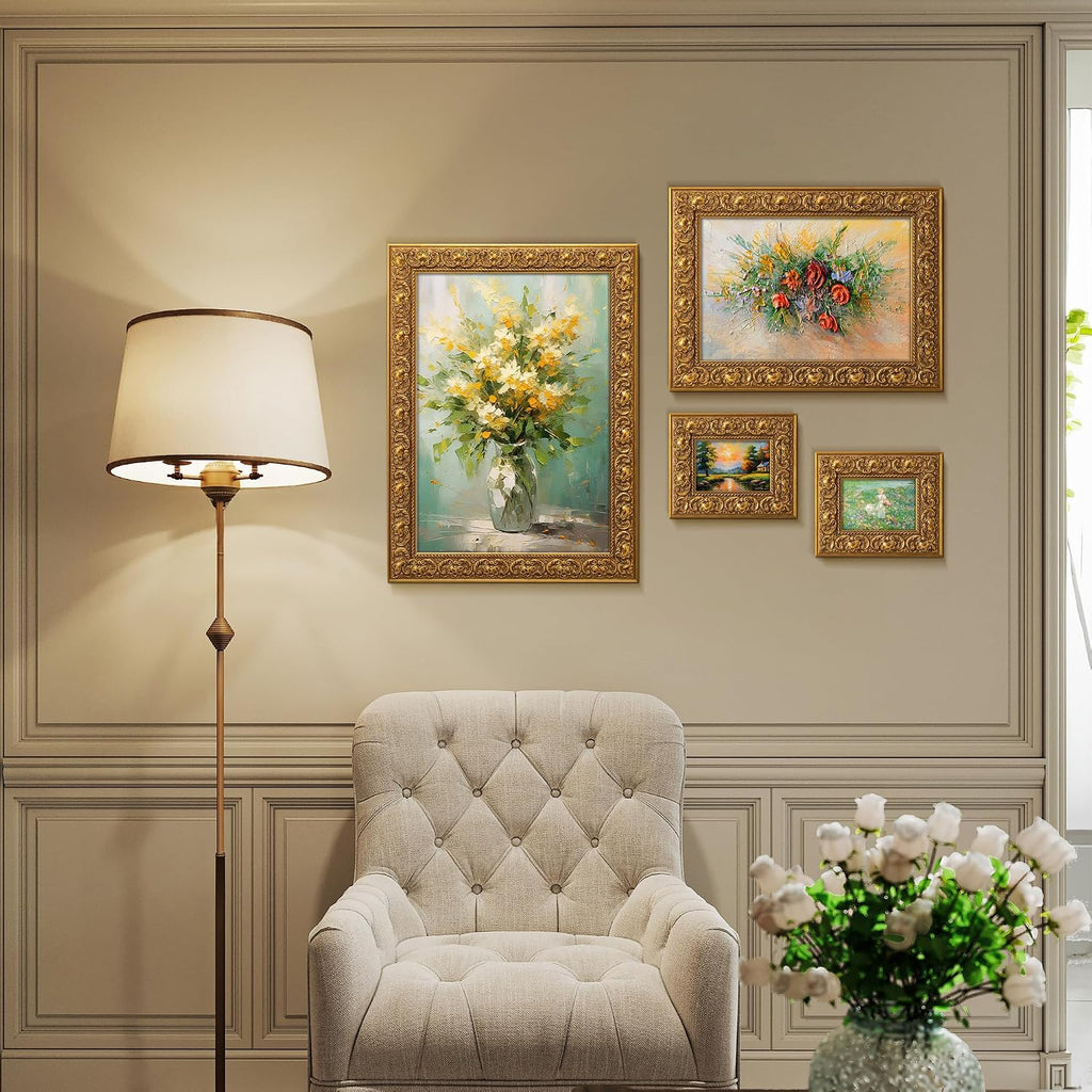 ArtXO A2 Picture Frame Wooden, Display Pictures A3 with Mat or A2 Without Mat, Wall Hanging Photo Frame, Vintage Poster Frame Gold
