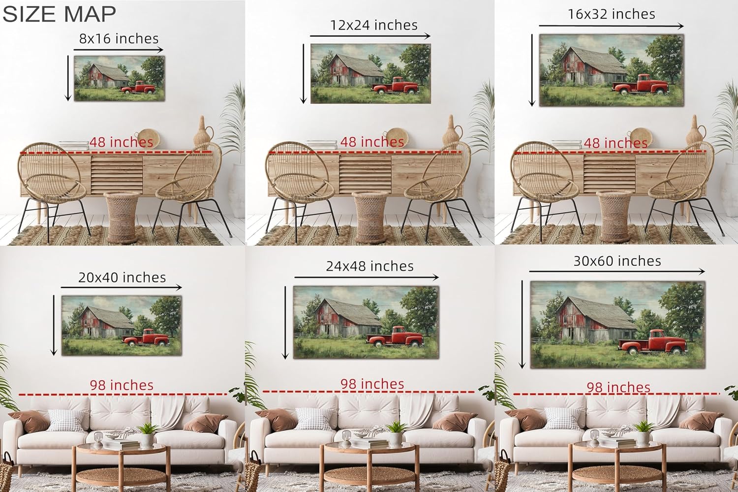 TIMUBA Rustic Farmhouse Truck Wall Art, Spring Farmhouse Canvas Wall Art Country Landscape Painting, Vintage Red Truck and Old Barn Pictures Wall Decor, Green Tree Artwork for Living Room 60x30 Inches