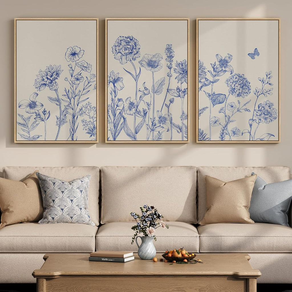 Framed Neutral Chinoiserie Blue Botanical Wall Art, 3 Piece Minimalist Floral Canvas Artwork for Modern Farmhouse, Flower Painting Prints for Living Room Bedroom Kitchen Office Dining Room, 20x30 In