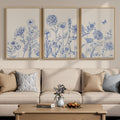 Framed Neutral Chinoiserie Blue Botanical Wall Art, 3 Piece Minimalist Floral Canvas Artwork for Modern Farmhouse, Flower Painting Prints for Living Room Bedroom Kitchen Office Dining Room, 20x30 In