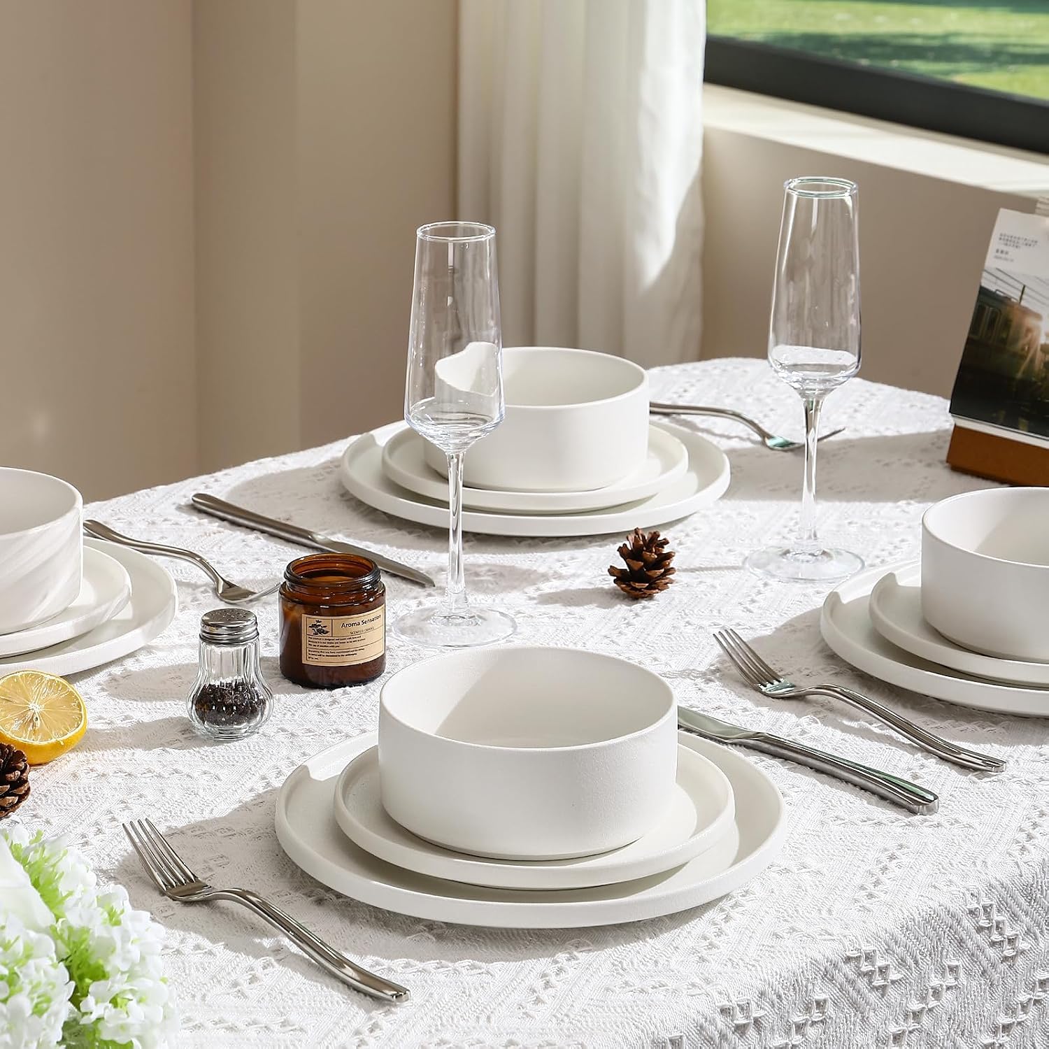 GZG Classic Series - Plates and Bowls Set for 8, 24 Piece Stoneware Dinnerware Sets, Microwave and Dishwasher Safe Lead-Free Handcrafted Ceramic Dishes Set - Ivory White