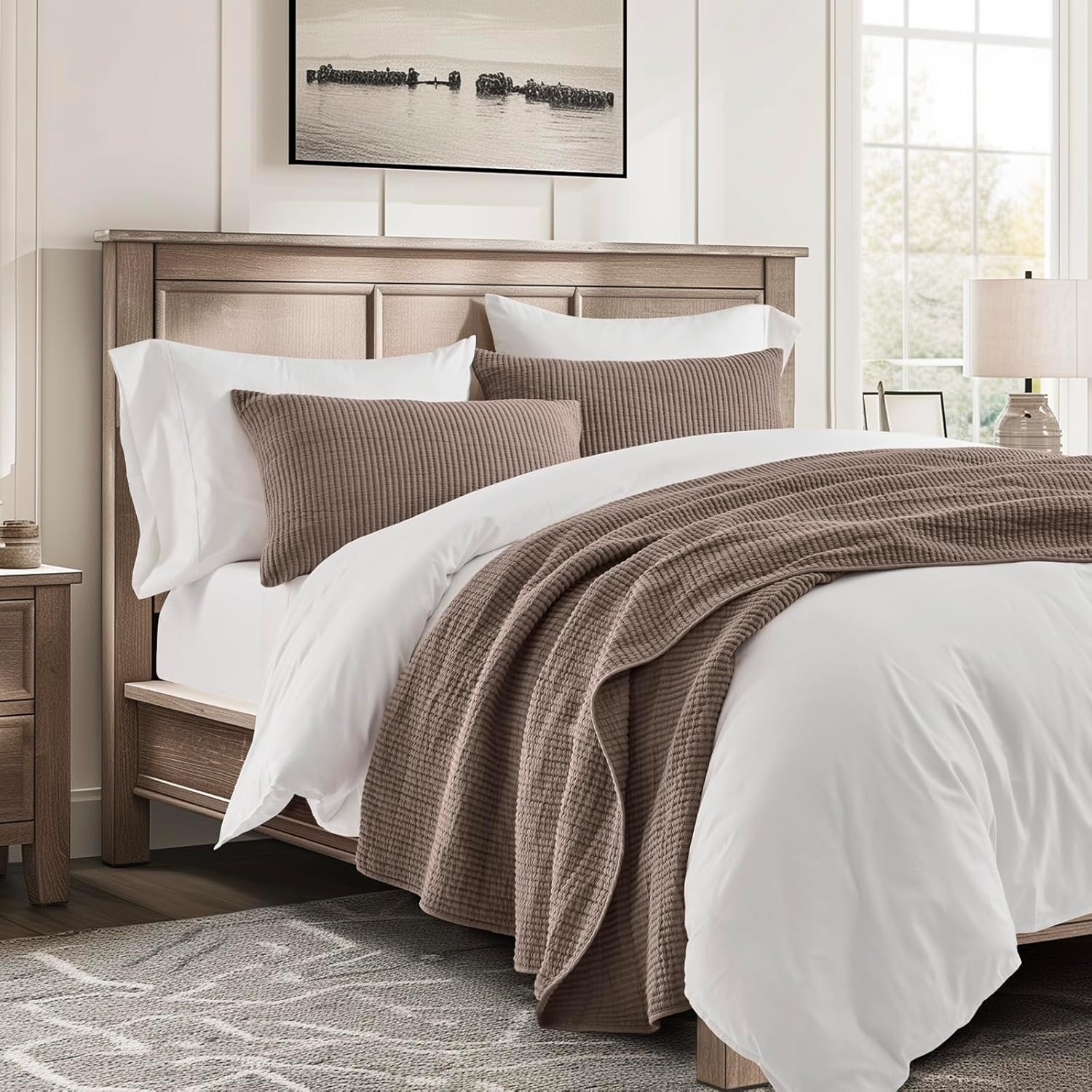 EVERGRACEHOME Cotton Coverlet Set King Size 3 Pieces, Lightweight Soft Ribbed Matelassé Bedspread Quilt Set, Cozy Oversized Quilted Bedding Set with 2 Pillow Shams for All Seasons, Mocha Brown