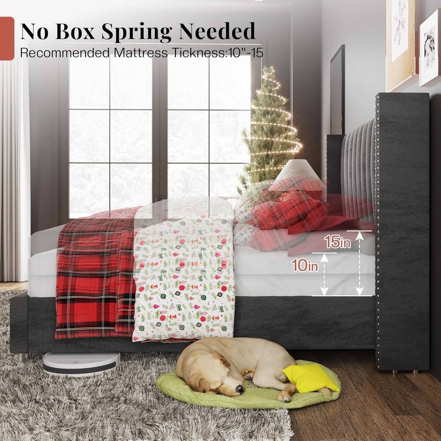Jocisland Queen Bed Frame with 49.2' Tall Wingback Headboard, Velvet Upholstered Platform Bed, No Box Spring Needed, Noise-Free, for Couples, Guest Room & Apartment, Grey
