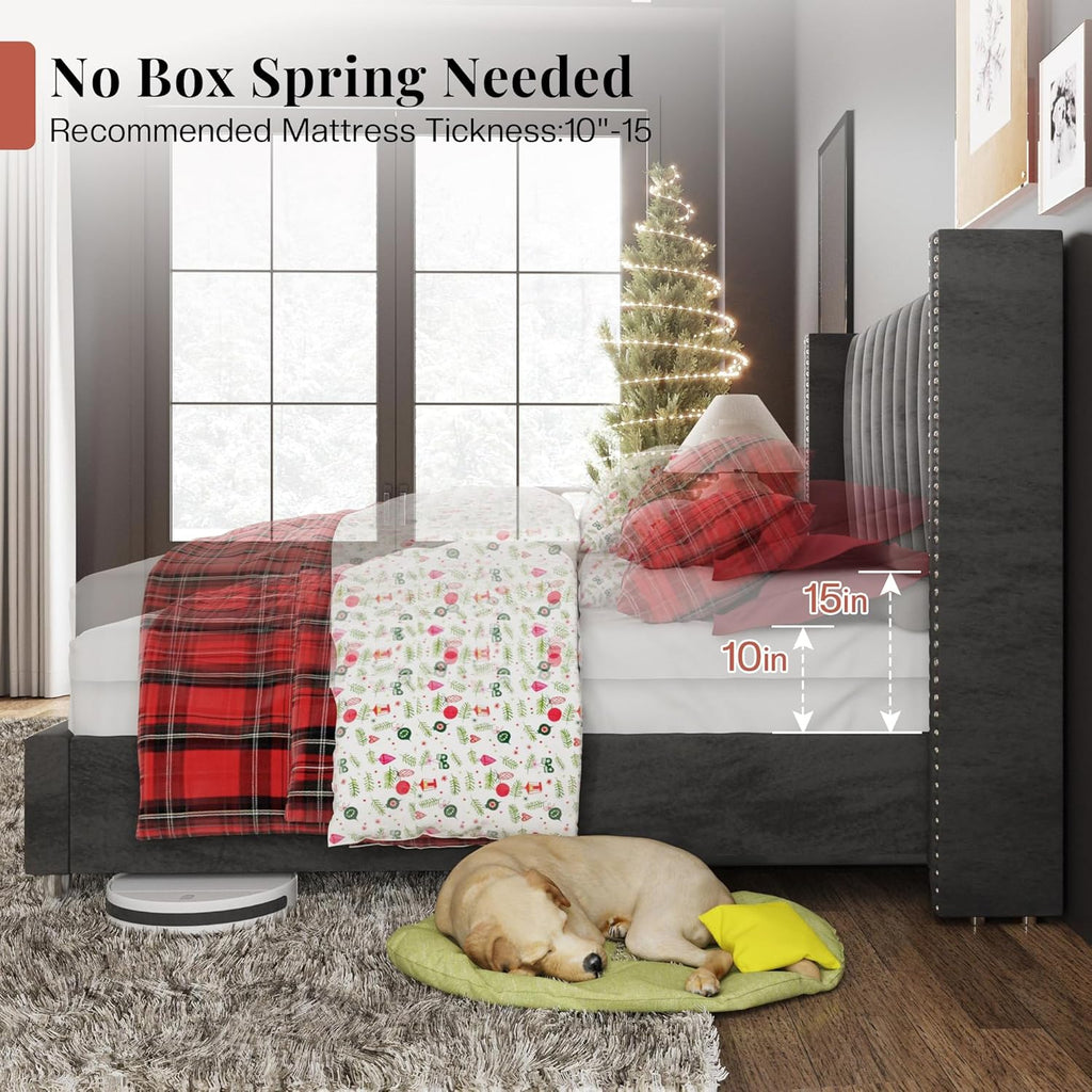 Jocisland King Bed Frame with 49.2' Tall Wingback Headboard, Velvet Upholstered Platform Bed, No Box Spring Needed, Noise-Free, for Family with Kids, Pet Owners & Master Bedroom, Grey
