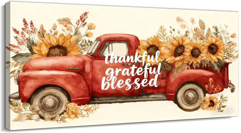 TIMUBA Farmhouse Truck Wall Art, Country Red Truck Sunflower Floral Canvas Wall Decor, Vintage Truck Sunflower Painting Pictures, Rustic Old Car Artwork Prints for Home Farm Decorations 60x30 Inches