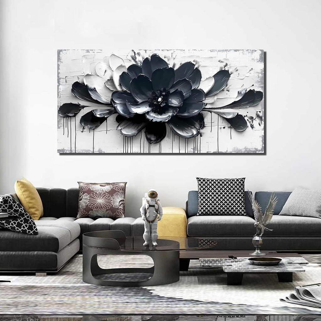 GUGIKA Flower Wall Art for Bedroom, Blue Black and White Canvas Wall-Decor for Lving Room, Floral Picture Print Artwork for Office, Large Size 59 x 29 Inches