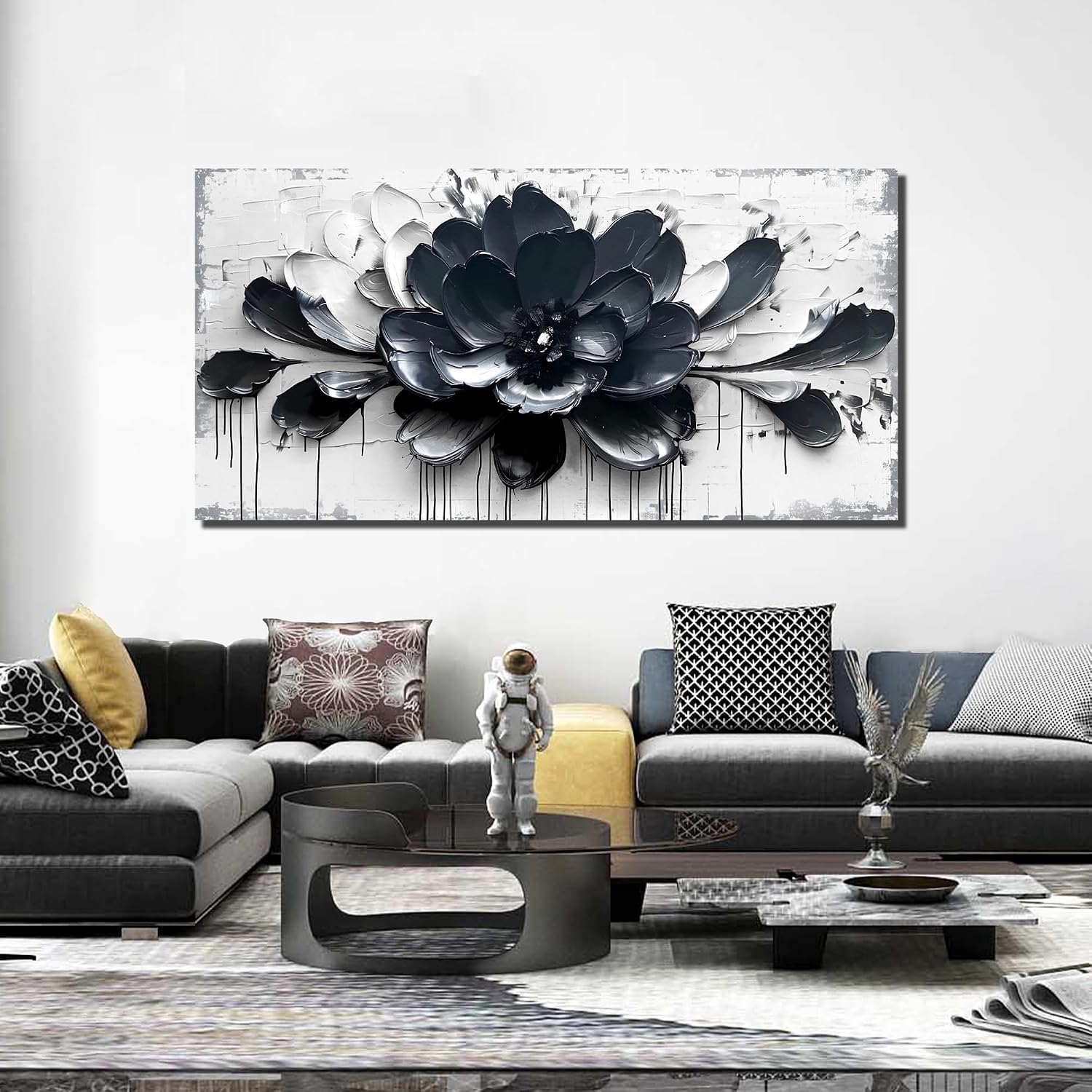 GUGIKA Flower Wall Art for Bedroom, Blue Black and White Canvas Wall-Decor for Lving Room, Floral Picture Print Artwork for Office, Large Size 59 x 29 Inches
