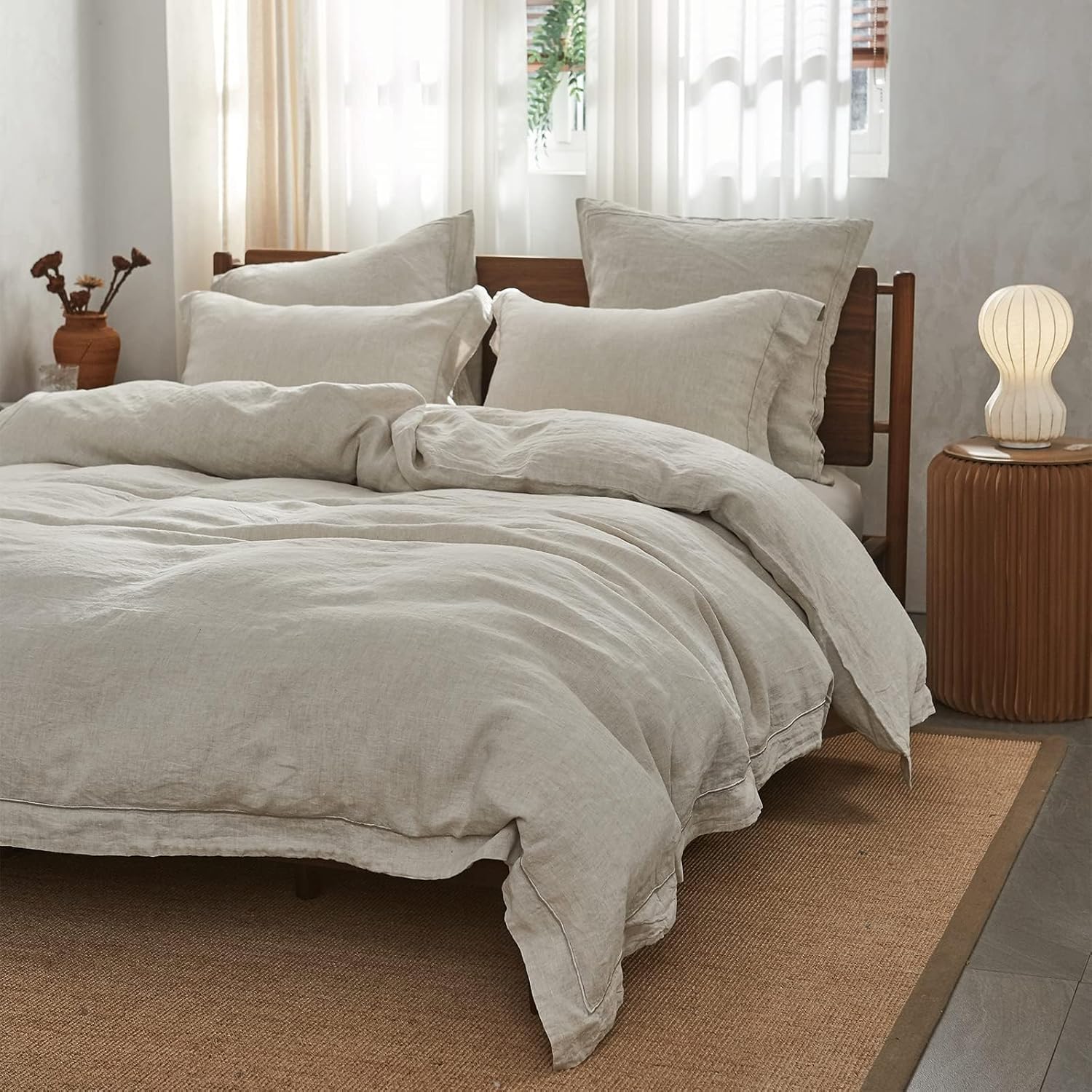 Simple&Opulence 100% Washed Linen Duvet Cover with Embroidered, 3 Pieces Soft Farmhouse Comforter Set with Button Closure, 1 Duvet Cover and 2 Pillowshams(Full,Natural Linen)