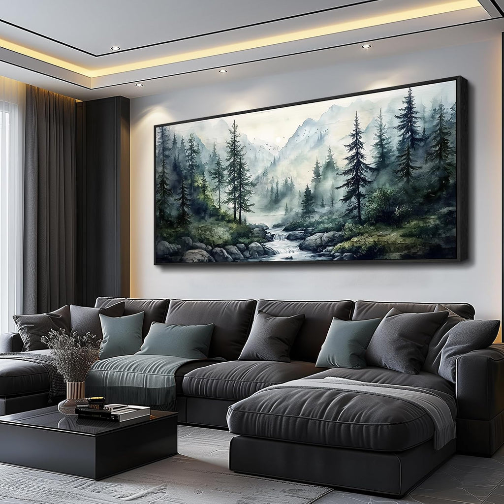 ZUITINGHUA Black Framed Canvas Wall Art For Living Room Large Wall Decor For Office Bedroom Decoration Misty Forest Picture Tree landscape Paintings Artwork Wall Mural Aesthetic Home Decor 32x72 In