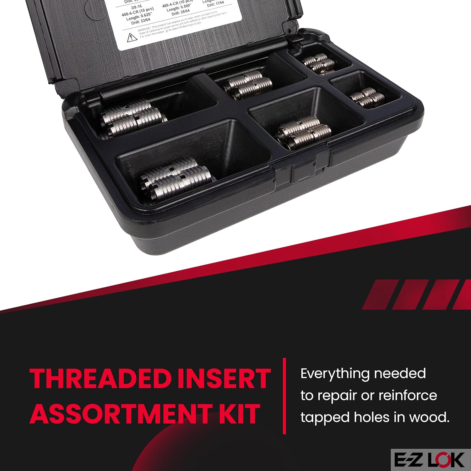 E-Z LOK Knife Threaded Insert for Hard Wood Assortment Kit with Drill and Drive Tool, Stainless Steel Thread Inserts 6-32 to 3/8-16, 60 Pieces