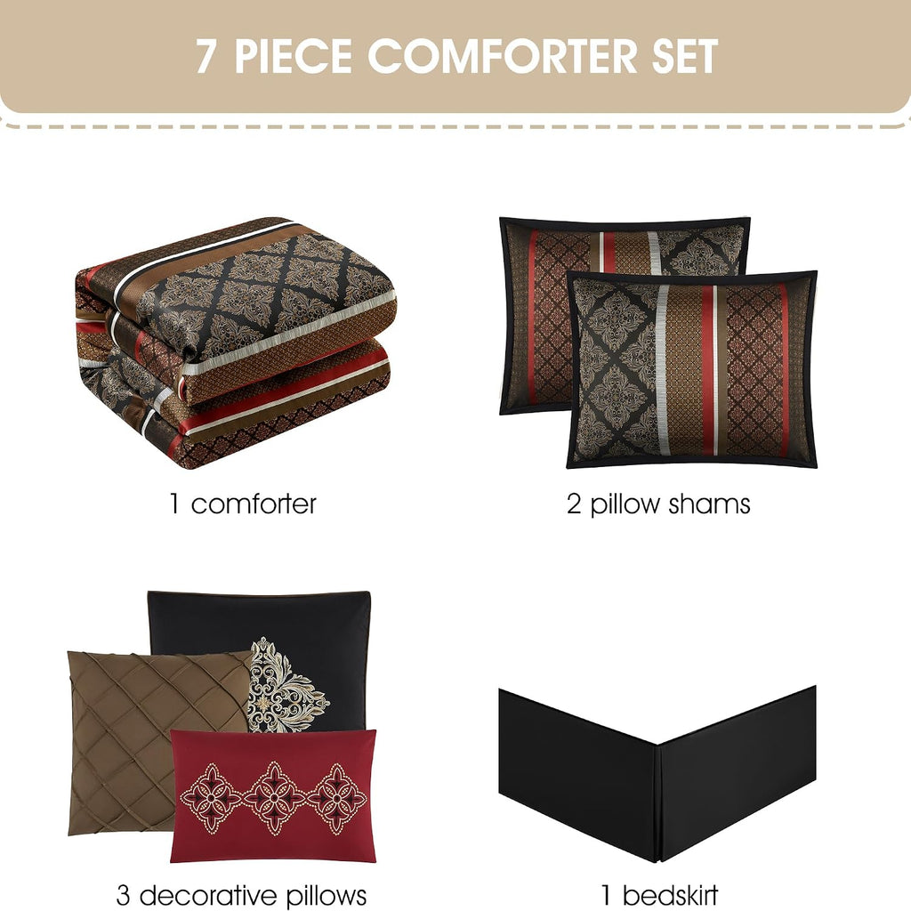 Grand Avenue Red Geometric King Comforter Set, 7 Piece, Jacquard Home Decor, Premium Lightweight Microfiber, Matching Shams, Bedskirt, Decorative Pillows