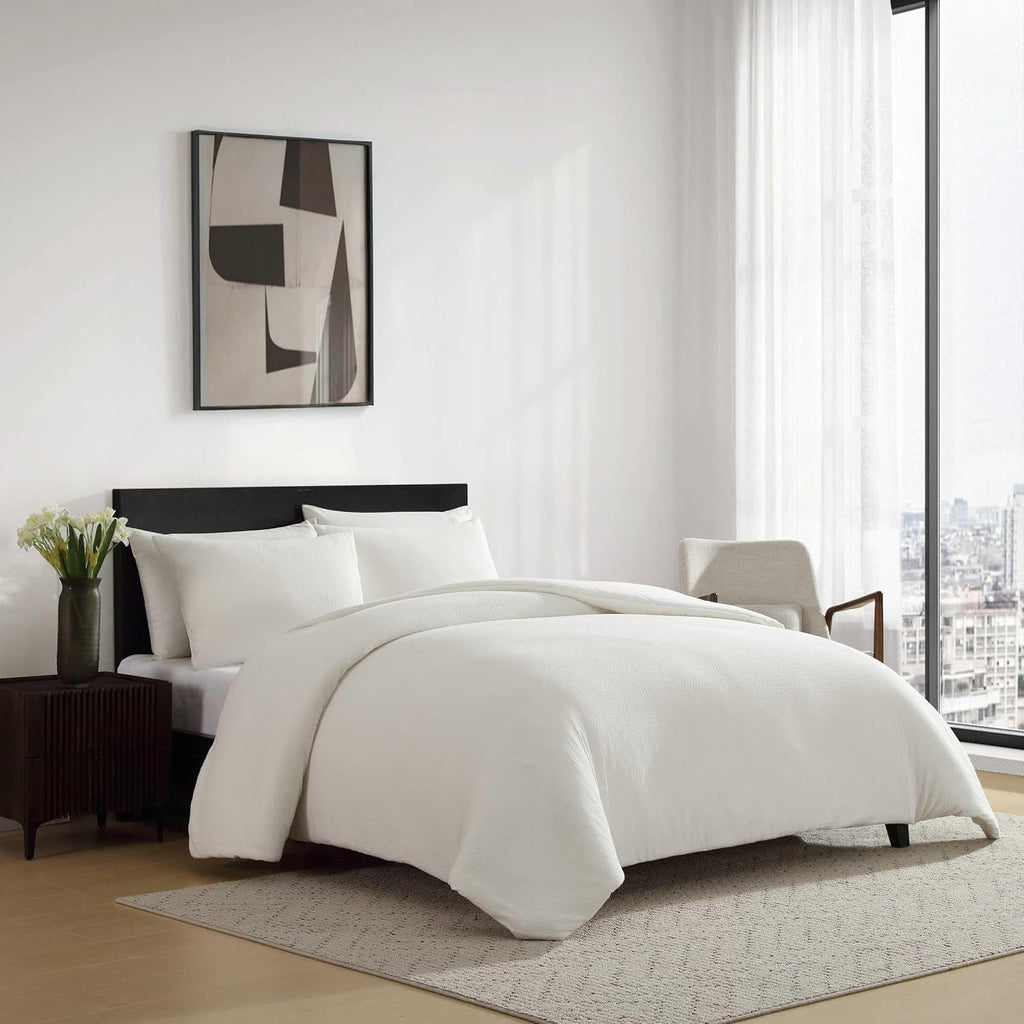 Vera Wang - King Comforter Set, Naturally Soft Cotton Bedding w/Matching Pillowcases, Crisp & Smooth w/a Lightweight Feel, 3 Piece Bed Set (Threaded Basketweave White)