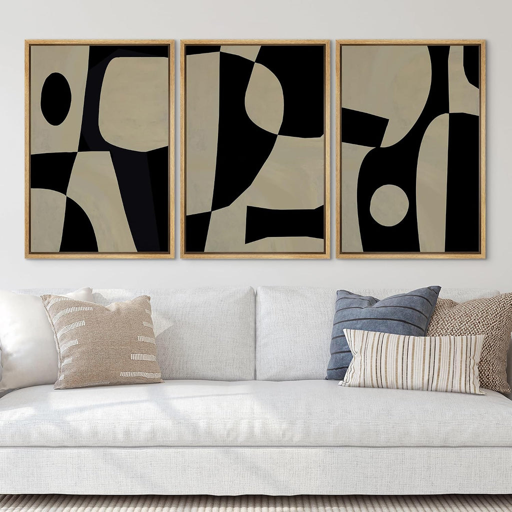 SIGNLEADER Framed Canvas Print Wall Art Set Black Geometirc Block Abstract Shapes Illustrations Minimal Decorative Bohemian Nordic for Living Room, Bedroom, Office - 24'x36'x3 NATURAL