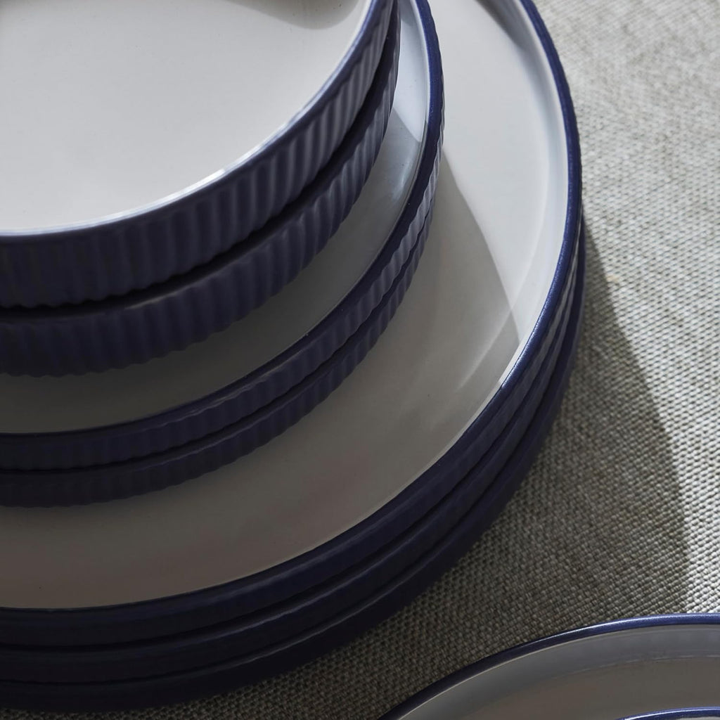 Christian Siriano Laro 12-Piece Stoneware Dinnerware Set, Plates and Bowls Set, Microwave and Dishwasher Safe, Dish Set for 4, Dark Blue