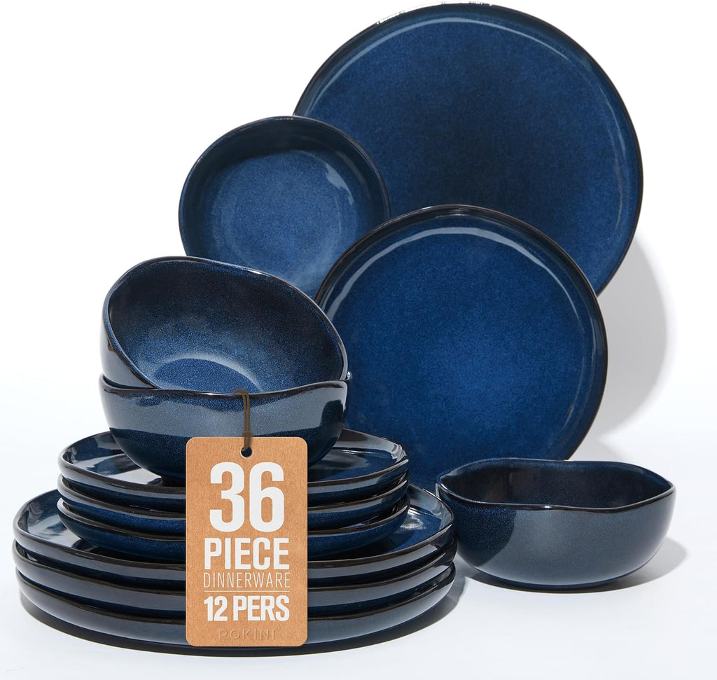 Pokini Extra Large Dinnerware Set for 12, 36 Pieces Ceramic Plates and Bowls Set, Kitchen Dish Set, Microwave & Dishwasher Safe Dishware, Ocean-Inspired Stoneware for Big Gatherings, Starry Blue