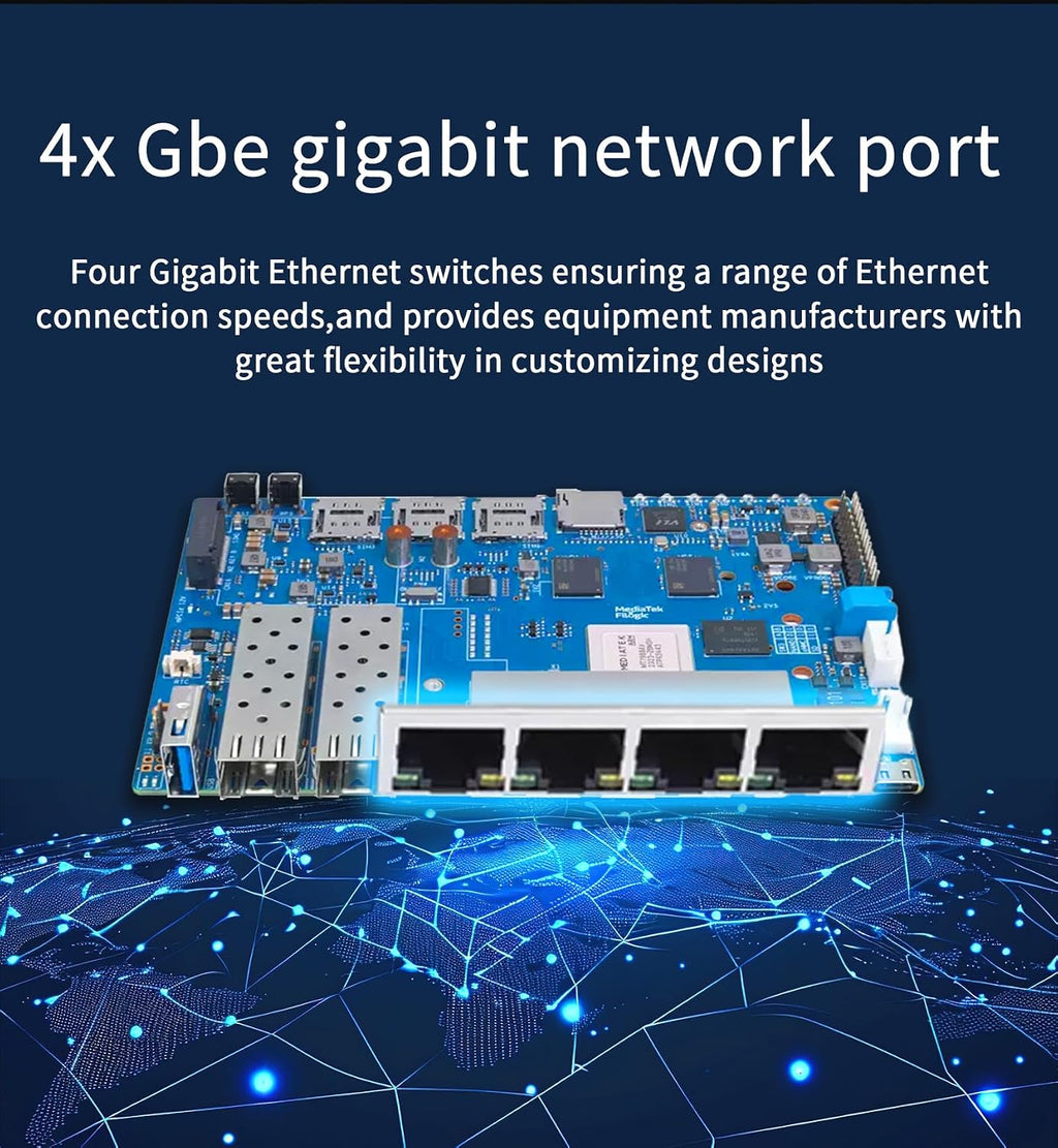 Banana Pi BPI-R4 WiFi 7 Wireless Tri-Band Router OpenWRT - DDR4 4GB/8GB RAM - MediaTek MT7988A SoC, 4G/5G Wireless Router Repeater, 2X 10GbE SFP 4X GbE for NAS Smart Home Gateway (4G Kit, DDR4 4GB)