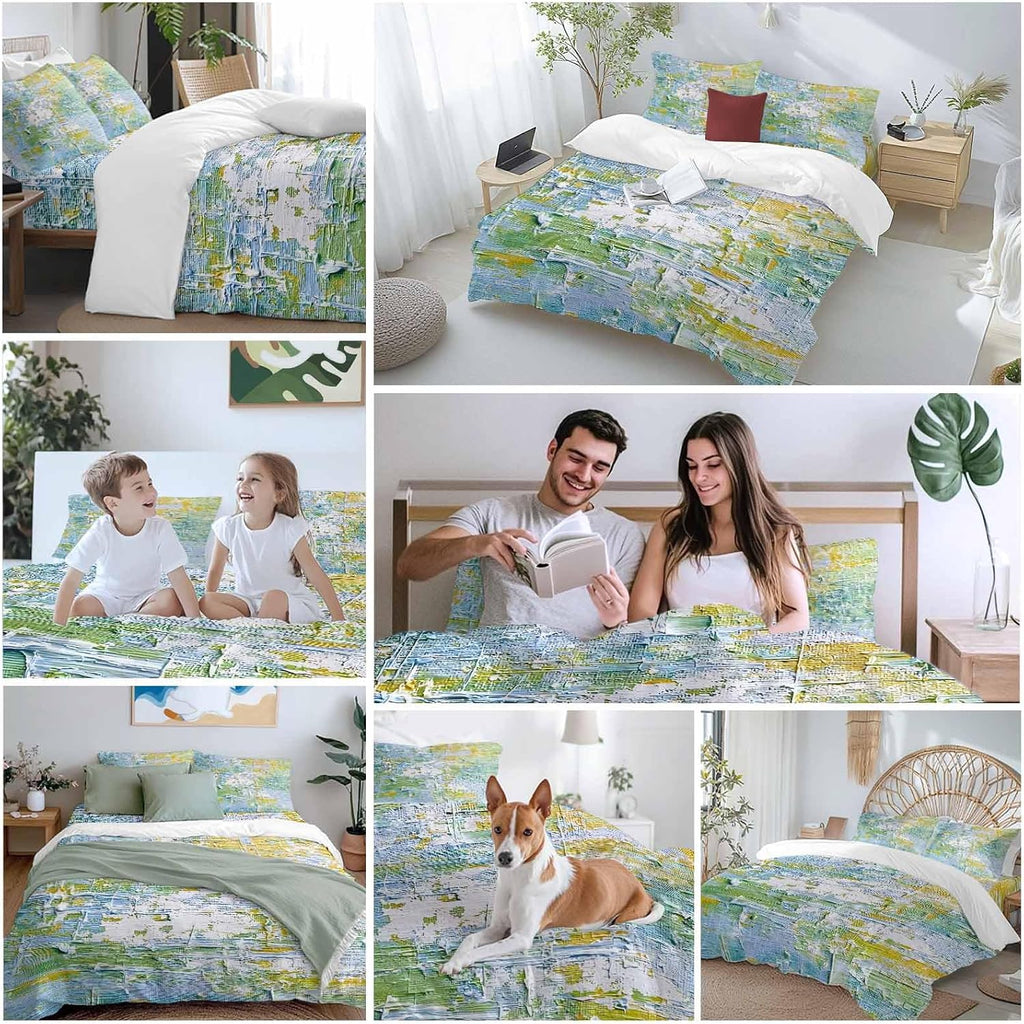 Prime Leader Abstract Geometric Duvet Cover Set Queen Size 4 Pieces Yellow Blue Green Oil Painting Style Bedding Set with Zipper Closure, 1 Comforter Cover 90x92 Inches 1 Flat Sheet & 2 Pillow Cases