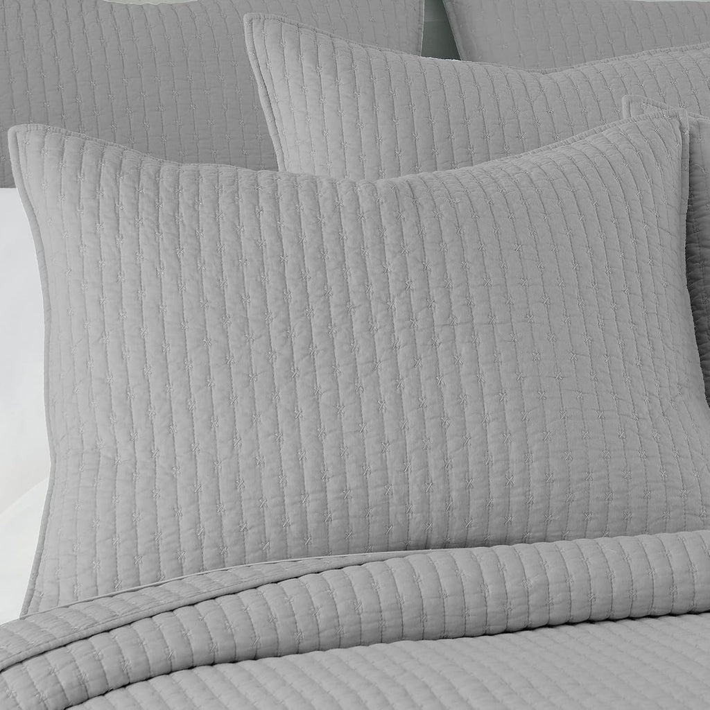 Levtex Home Cross Stitch Reversible Queen Bedspread Set (104x106in) with 2 Pillow Shams (26x20in) - Stitch Texture - Light Grey - Cotton Queen Size Bedspread Set - Lightweight, Soft, Pre-Washed