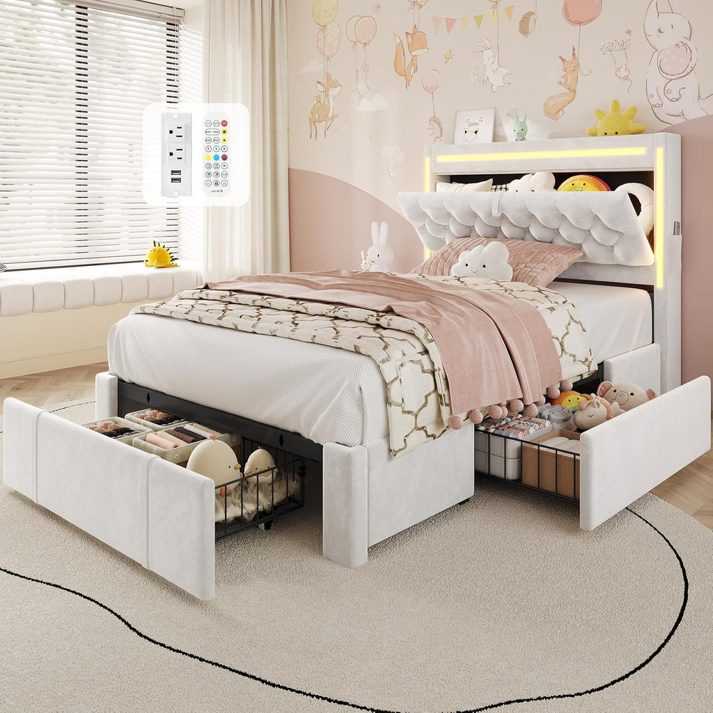HAUOMS Twin Bed Frame with Storage Headboard & 3 XL Drawers, Power Outlet Type-C/A, Velvet Upholstered Princess Girls Bed Twin Size, No Box Spring Needed, Creamy White
