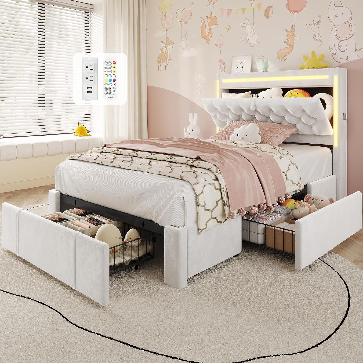 HAUOMS Twin Bed Frame with Storage Headboard & 3 XL Drawers, Power Outlet Type-C/A, Velvet Upholstered Princess Girls Bed Twin Size, No Box Spring Needed, Creamy White