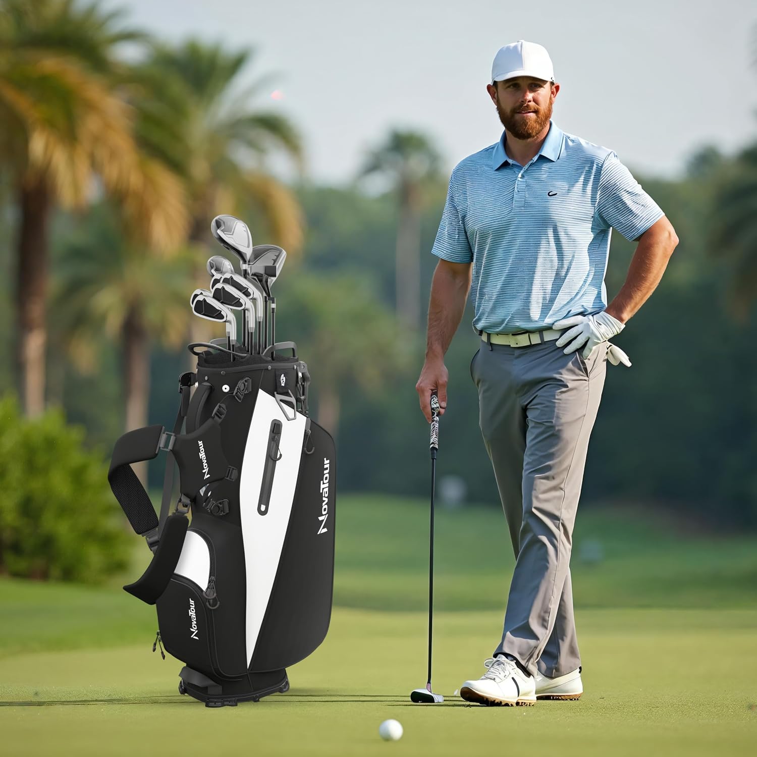 Golf Stand Bag - Lightweight Golf Bag with Stand and 7 Way Dividers, Dual Strap, Waterproof Pocket, Insulated Sleeve, Easy-Lift Handles and Swing-Cam Holder