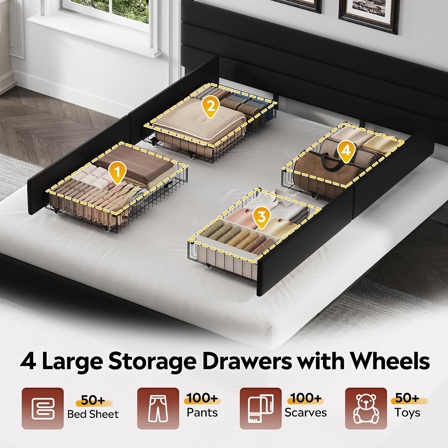 WLIVE King Size Upholstered Bed Frame with 4 Storage Drawers and Headboard, Velvet Platform Bedframe, Sturdy Metal & Wooden Slats Support, No Box Spring Needed, Easy Assembly, Black
