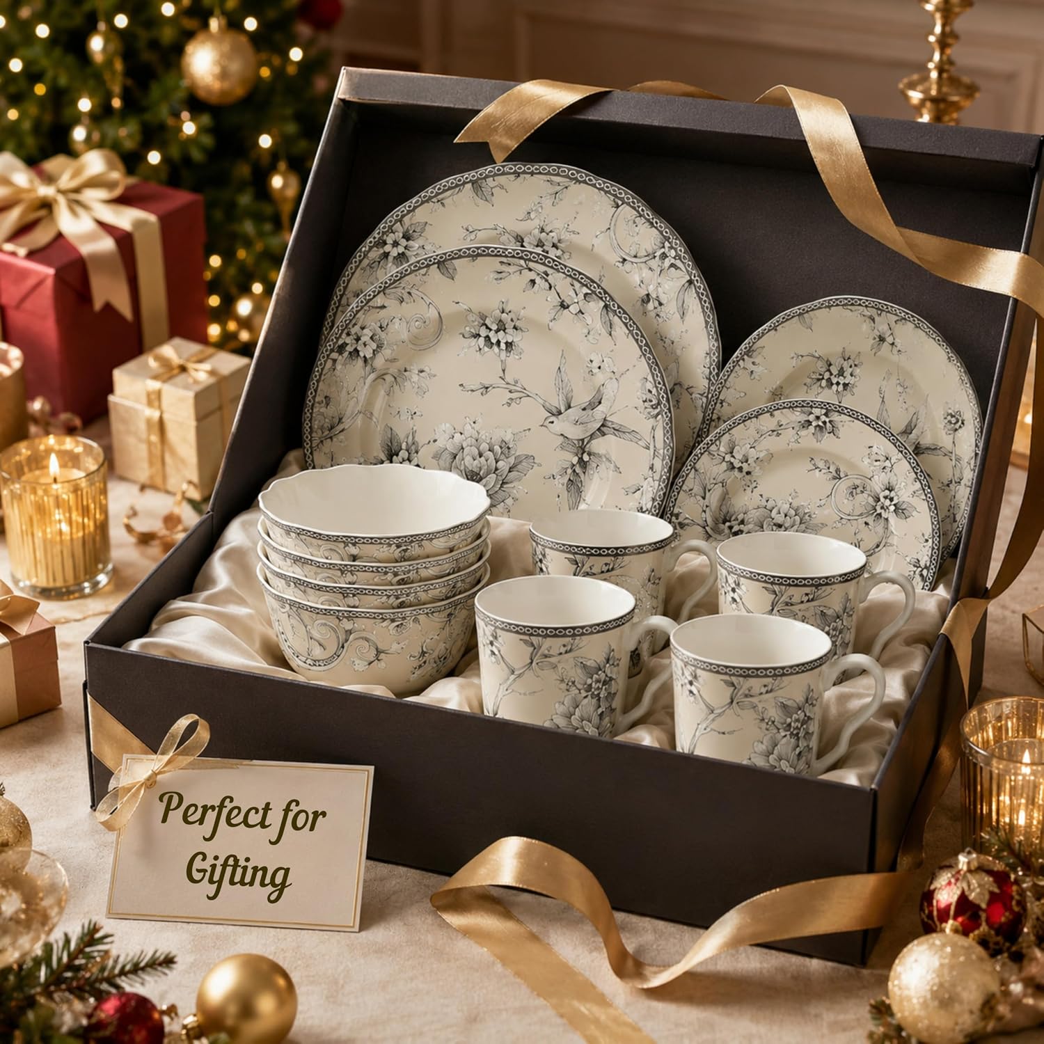 222 Fifth Adelaide 16-Piece Traditional Antique White Porcelain Dinnerware Set – Service for 4, Romantic Bird & Floral Design, Everyday Big Dinner Plates and Bowls Sets, Microwave & Dishwasher Safe