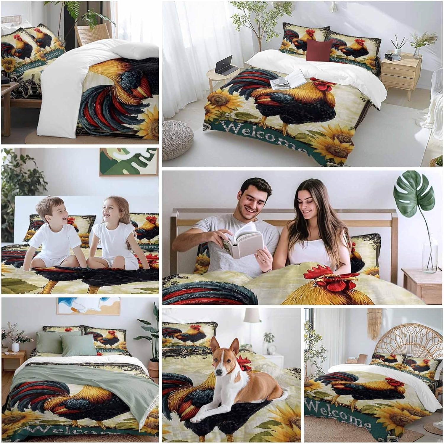 Rooster Chicken Duvet Cover Set Queen Size 4 Pieces Welcome Sunflower Watercolor Art Vintage Farm Bedding Set with Zipper Closure, 1 Comforter Cover 92x106 Inches 1 Flat Sheet & 2 Pillow Cases