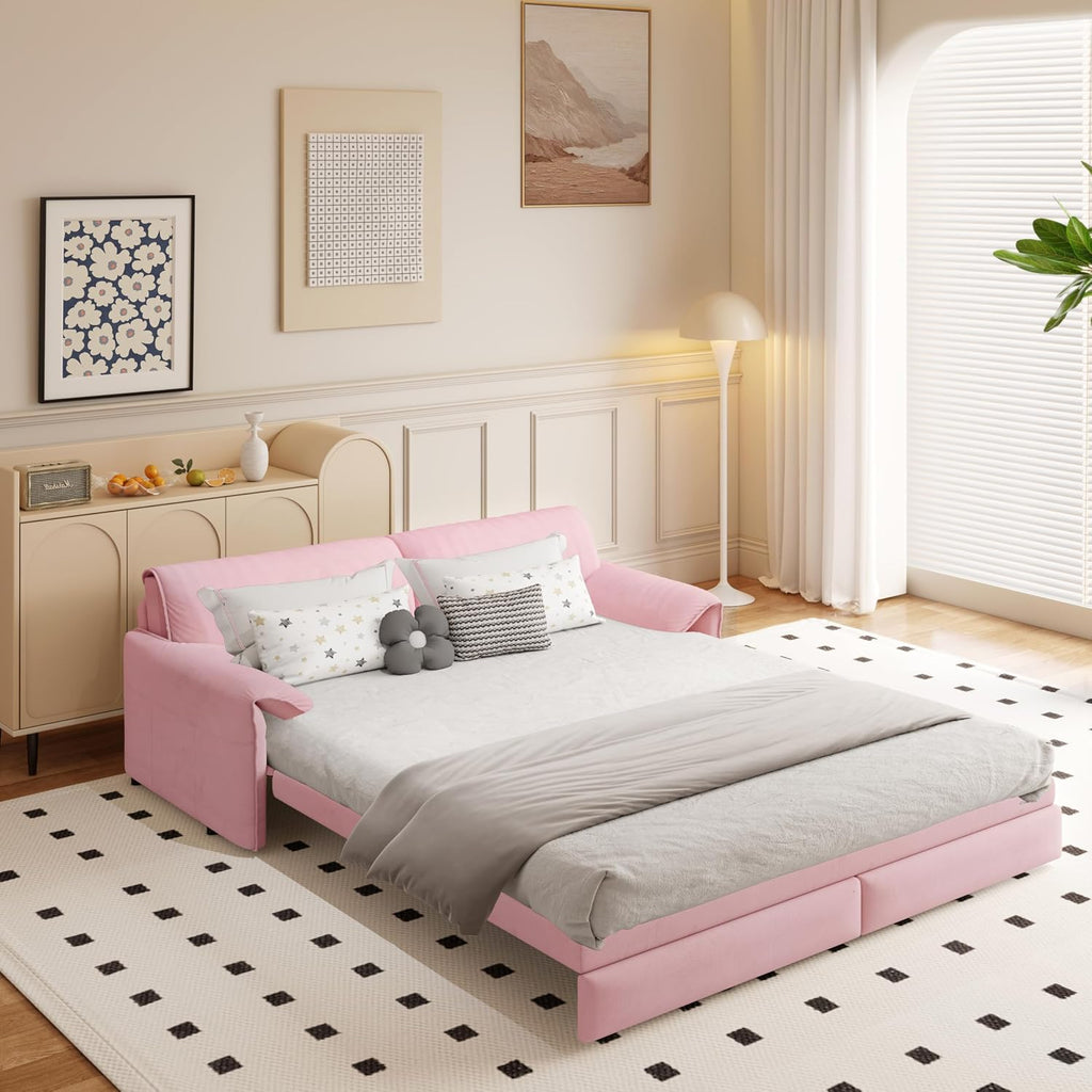 WILLIAMSPACE 66' Queen Pull Out Sofa Bed, 3-in-1 Velvet Convertible Sleeper Sofa Couch with Side Storage, Multi-Functional Loveseat Bed Pull Out Couch for Living Room, Apartment (Pink)