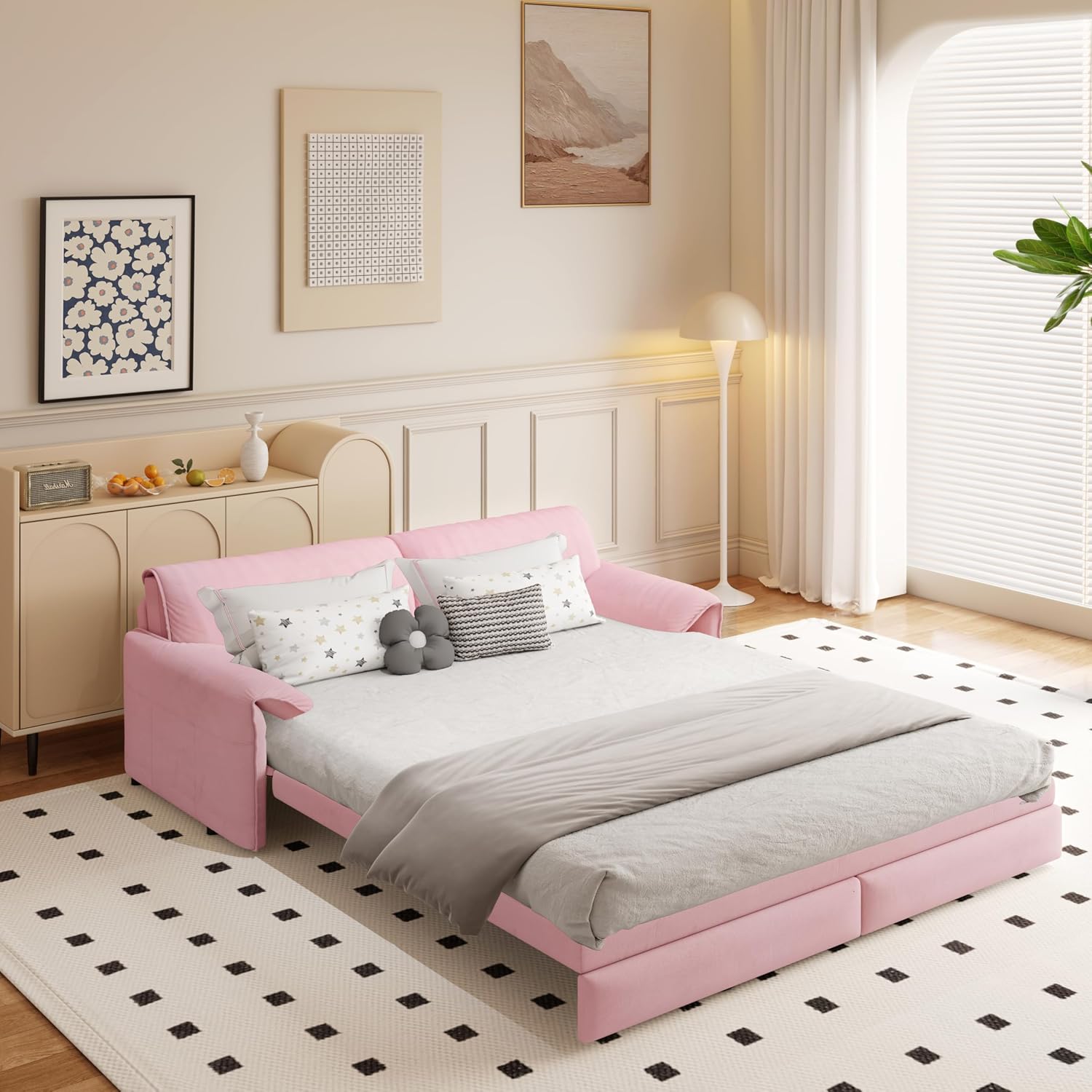 WILLIAMSPACE 66' Queen Pull Out Sofa Bed, 3-in-1 Velvet Convertible Sleeper Sofa Couch with Side Storage, Multi-Functional Loveseat Bed Pull Out Couch for Living Room, Apartment (Pink)