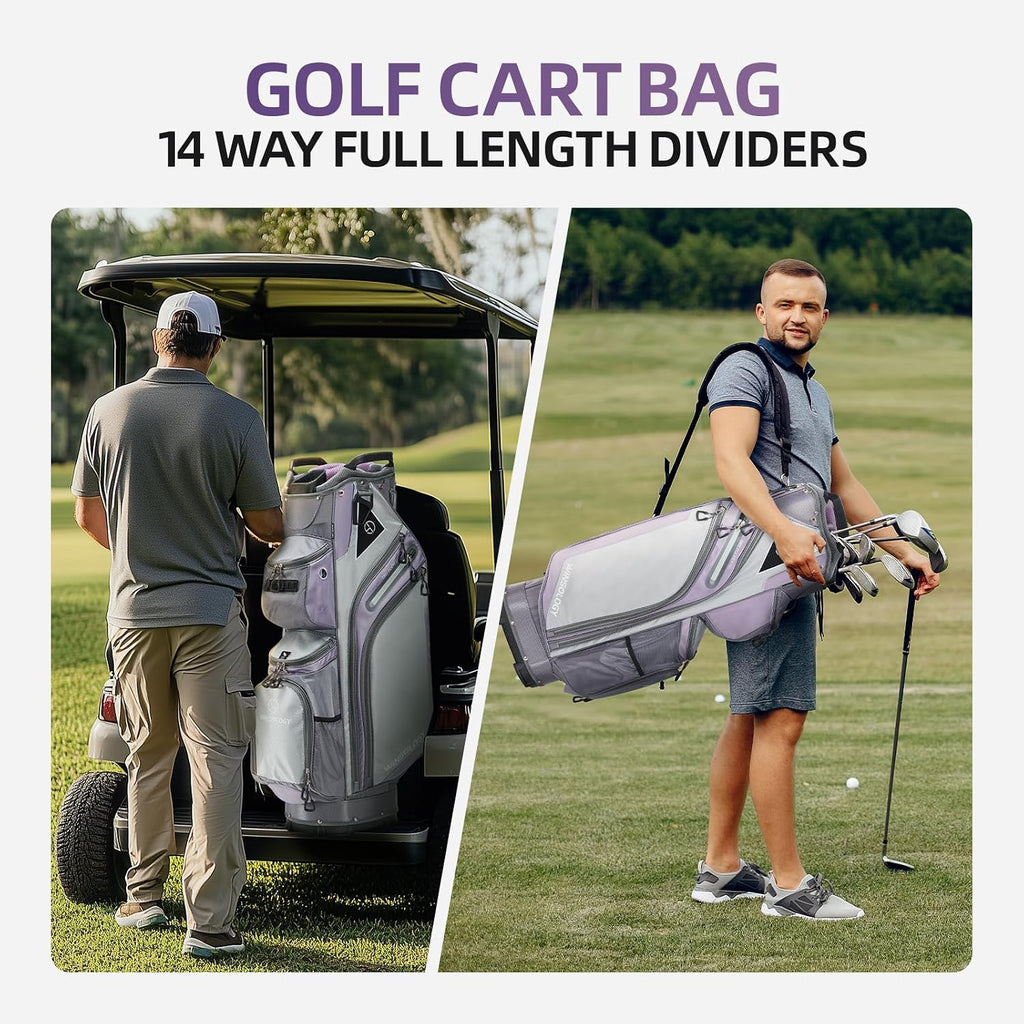 Max Lightweight Golf Cart Bag with Dual Handles and 14 Way Individual Full Length Dividers, Golf Club Bag with 11 Pockets, Large Putter Well, Double Strap Cooler for Men & Women